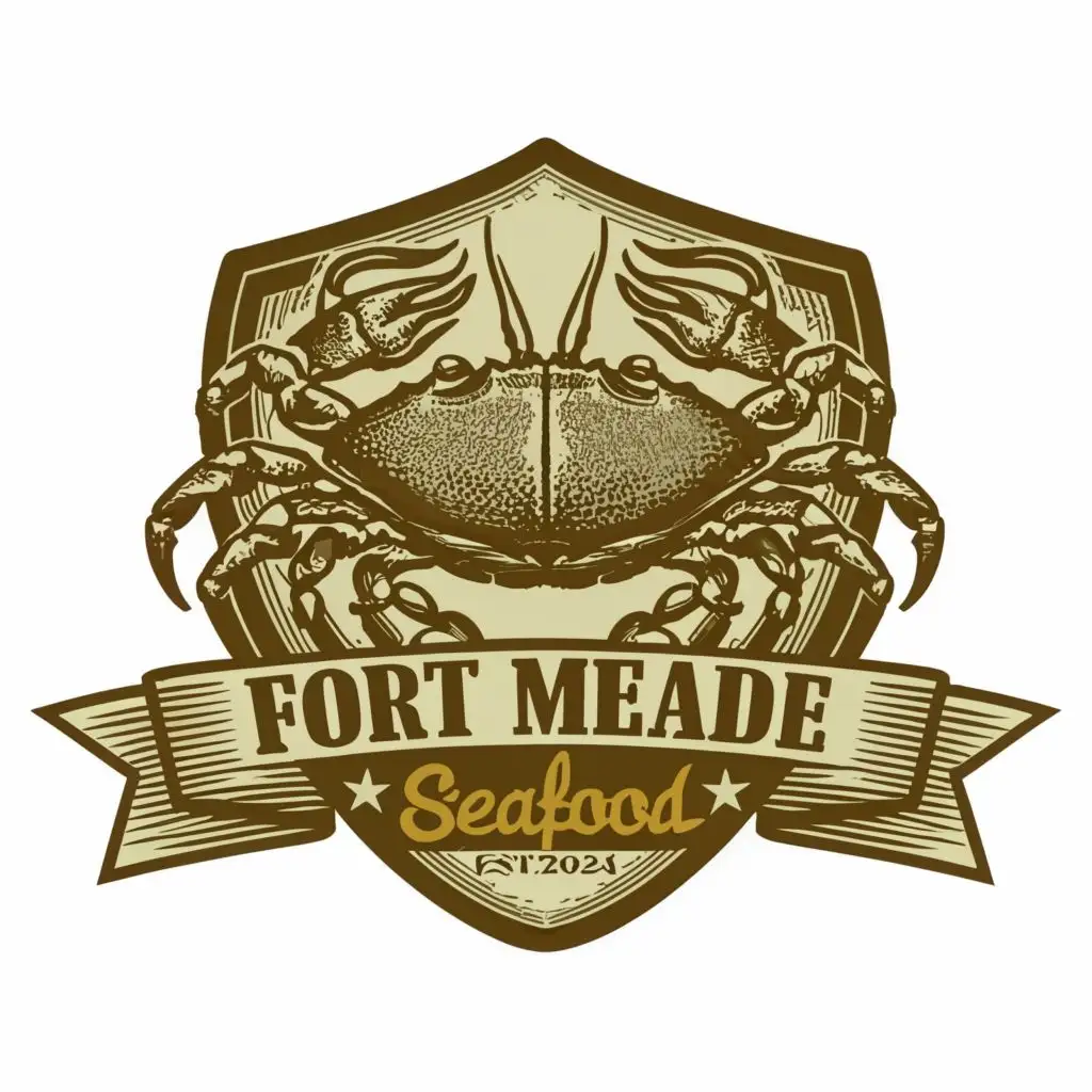"shield "logo, "logo, classic historic vintage shield, crab, ribbon ,est.2024,  natural outline brown ", with the text "Fort Meade Seafood", typography, be used in Restaurant industry