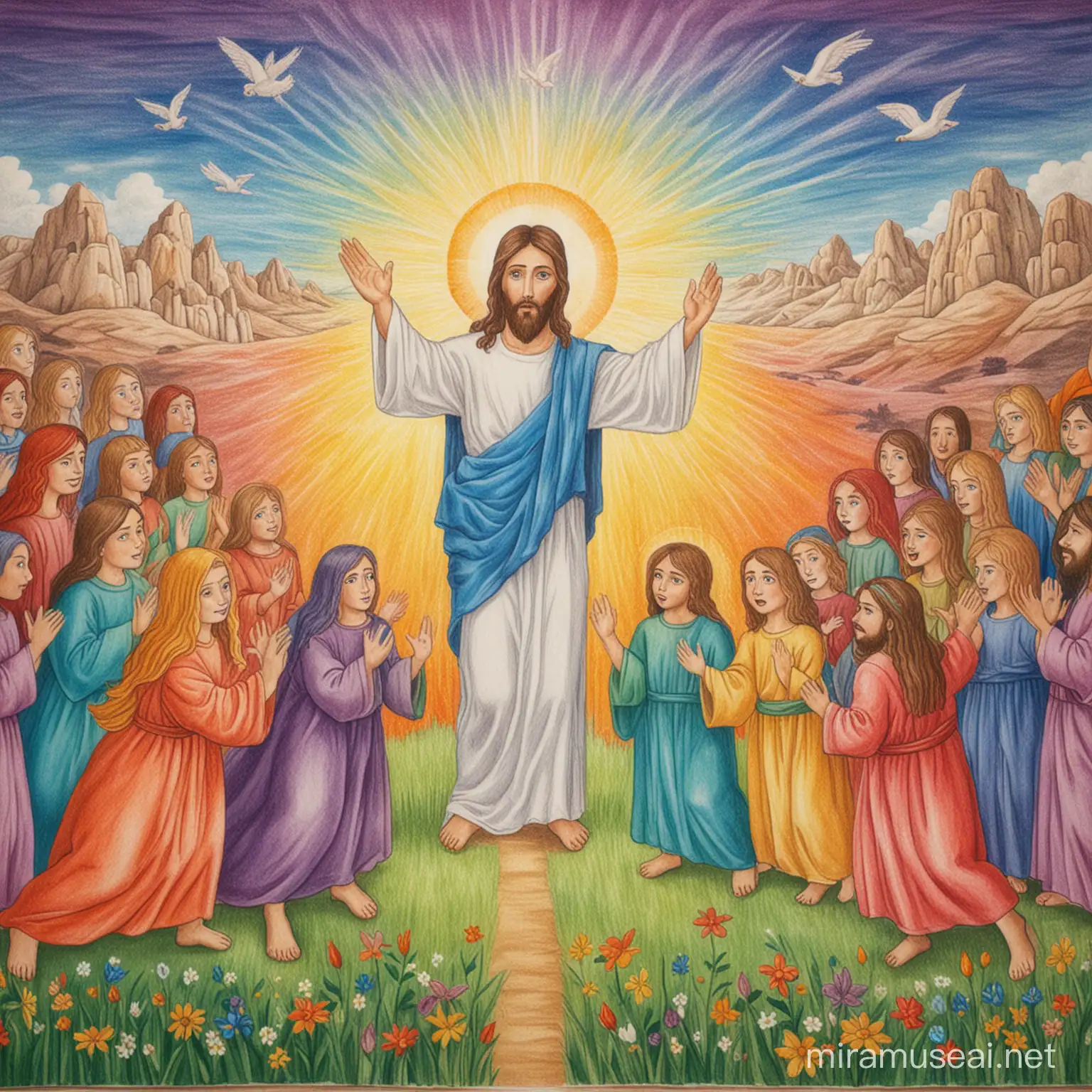 christ is risen drawing, colored by children with crayons