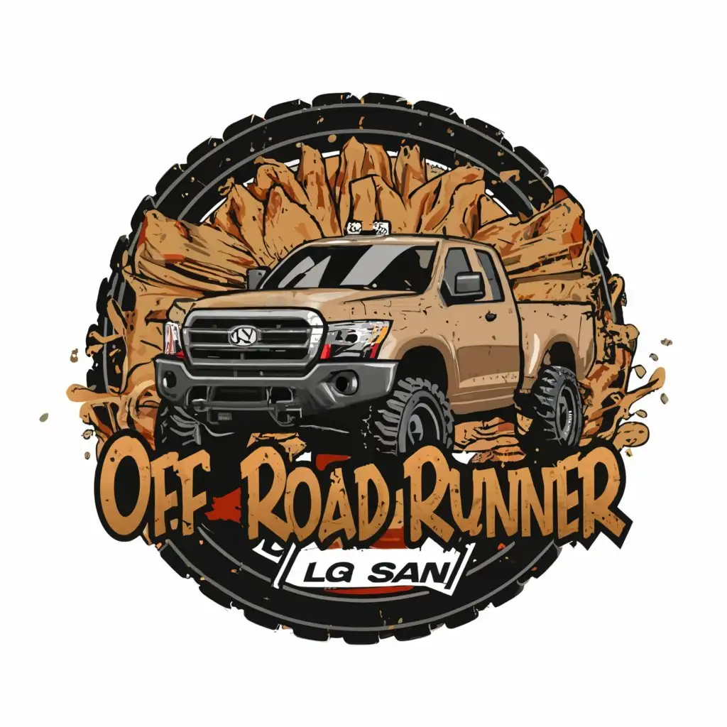 a logo design, with the text OFF ROAD RUNNER LG SAN, main symbol:MUDDY TRUCKS, MUD, OFFROAD MUD, MUDDY LOG, MUDDY ROAD, BIG TRUCK, MUDDY TRUCK OFFROAD complex, to be used in Automotive industry, MUDDY background