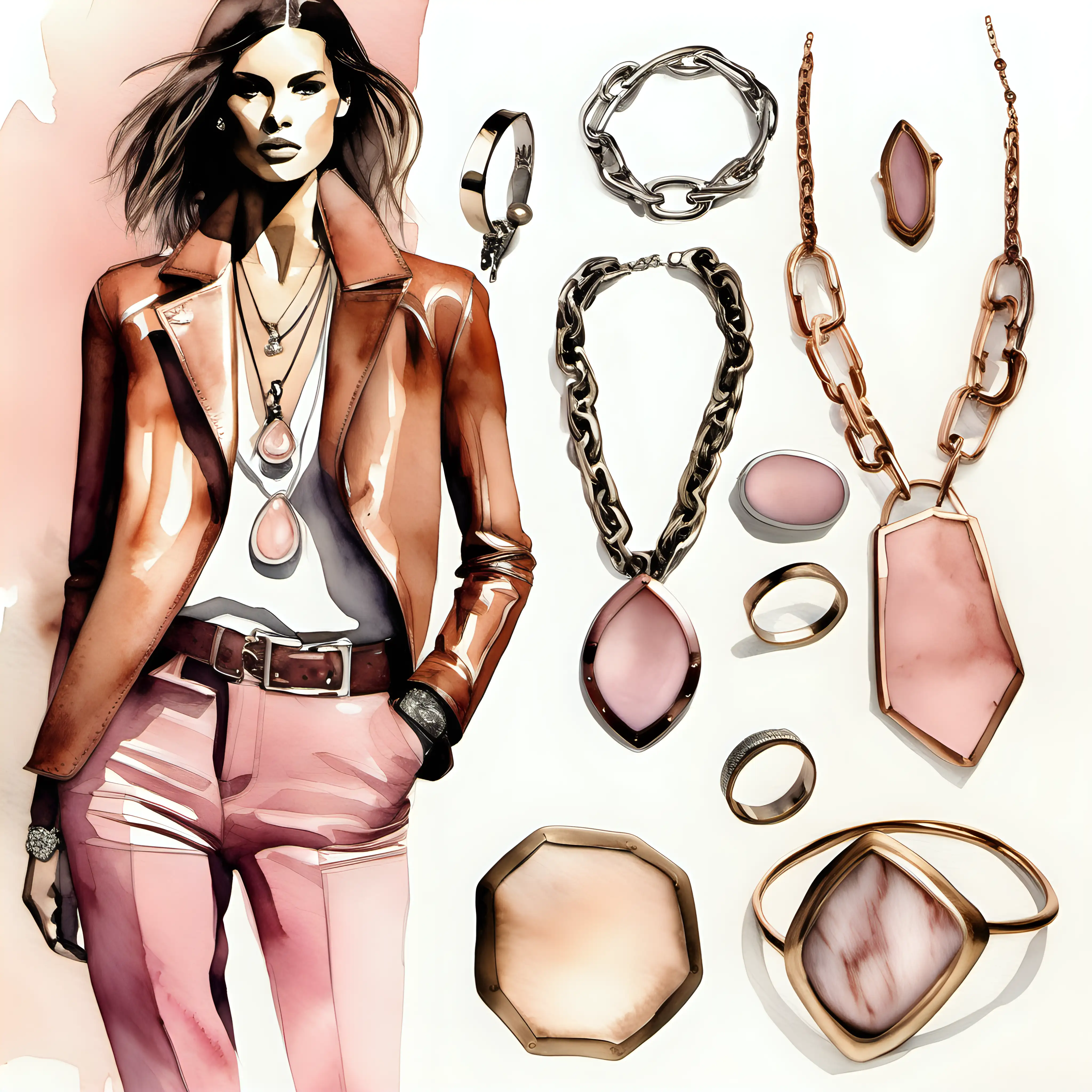 watercolor of blush leather and chunky metal jewelry; strong, confident; bold; sexy; raw; 