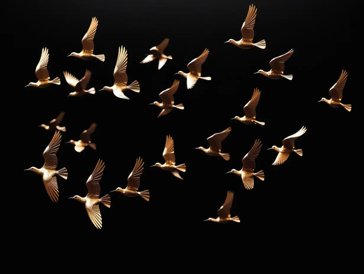 A flock of bronze colored birds flying all the same direction in the distance  Black background.
