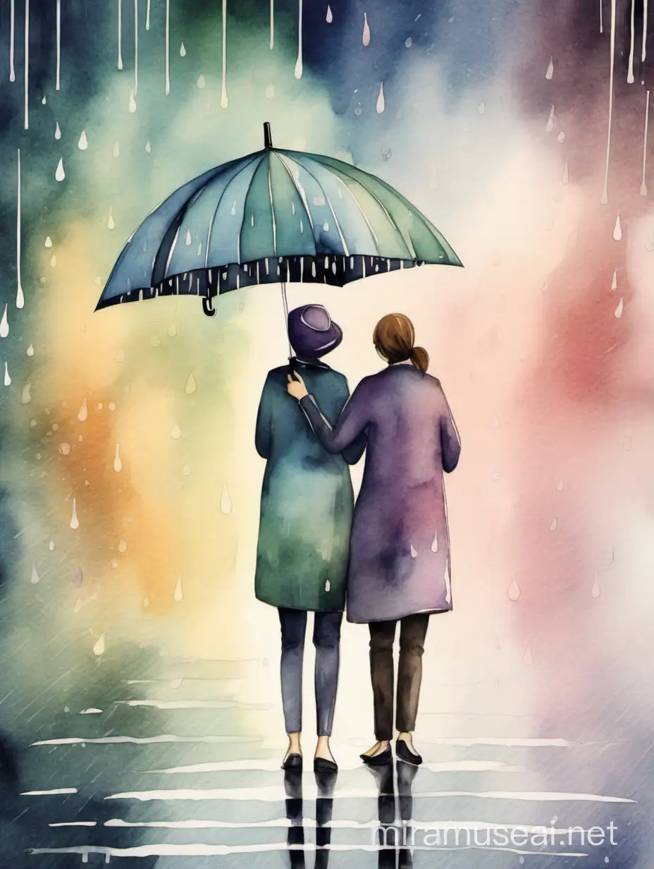 woman holding an umbrella over another woman, widows helping widows, watercolors, pastel colors, soft, rainy day, love and empowerment theme, flyer/poster