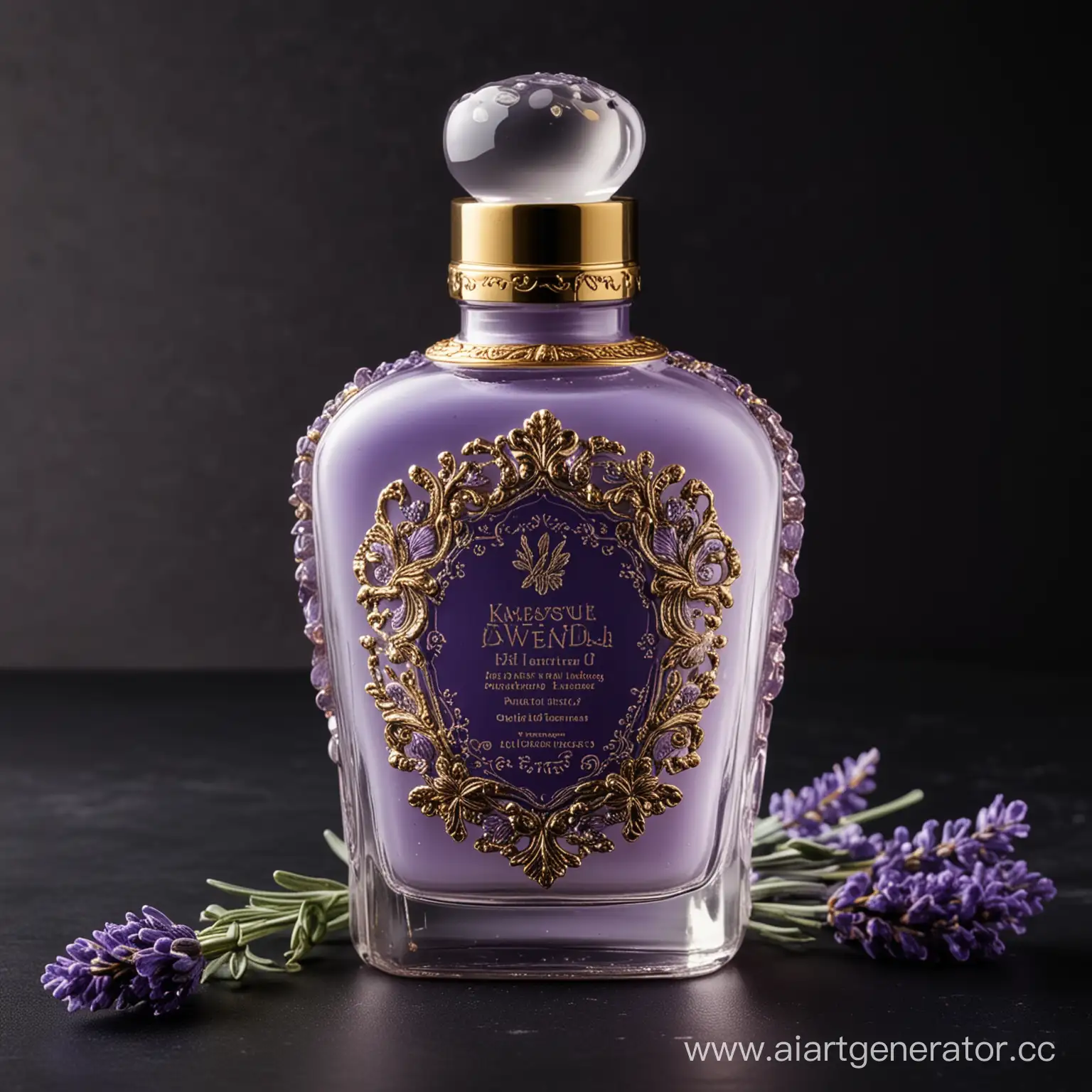 A visually stunning image of a luxurious lavender lotion bottle, standing prominently against a dark black background. The bottle is adorned with intricate gold designs, and it emits a soft, calming purple glow. The lotion appears rich and creamy, with tiny golden specks scattered throughout, capturing the essence of lavender. A delicate, translucent glass lid with an ornate handle rests gently on the bottle's opening.