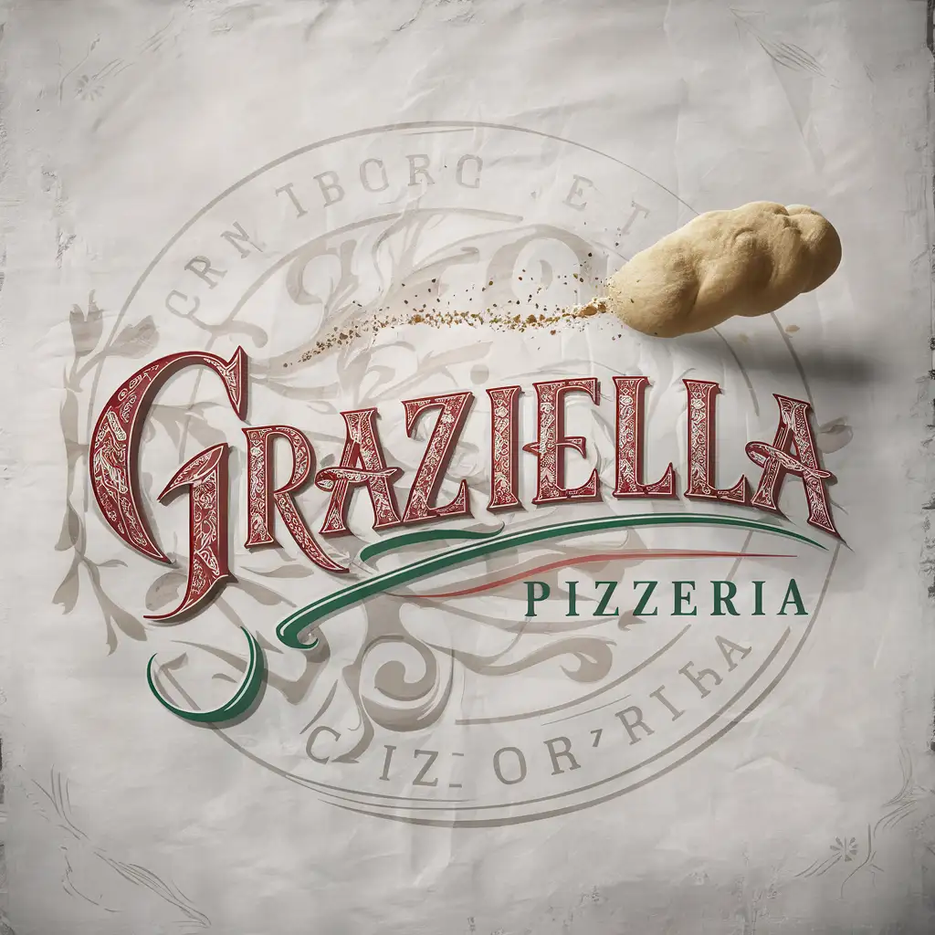 Graziella Pizzeria logo, handwriting, Italian colors, white background, faded, Typography, elegant, flying dough with flour scattering,