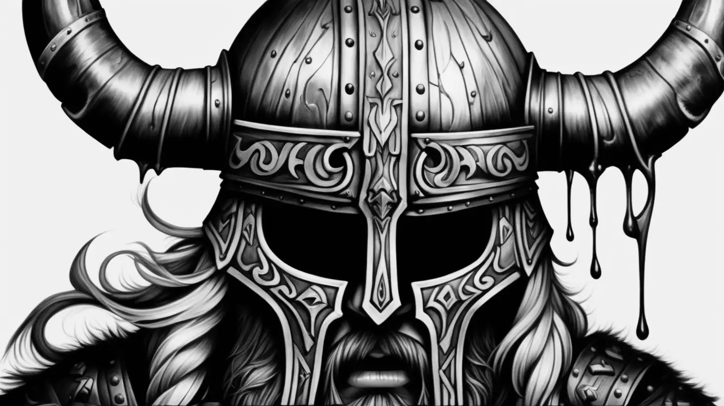 déssine moi un casque viking avec des grande cornes qui fond  dans un style dark qui dégouline noir et blanc