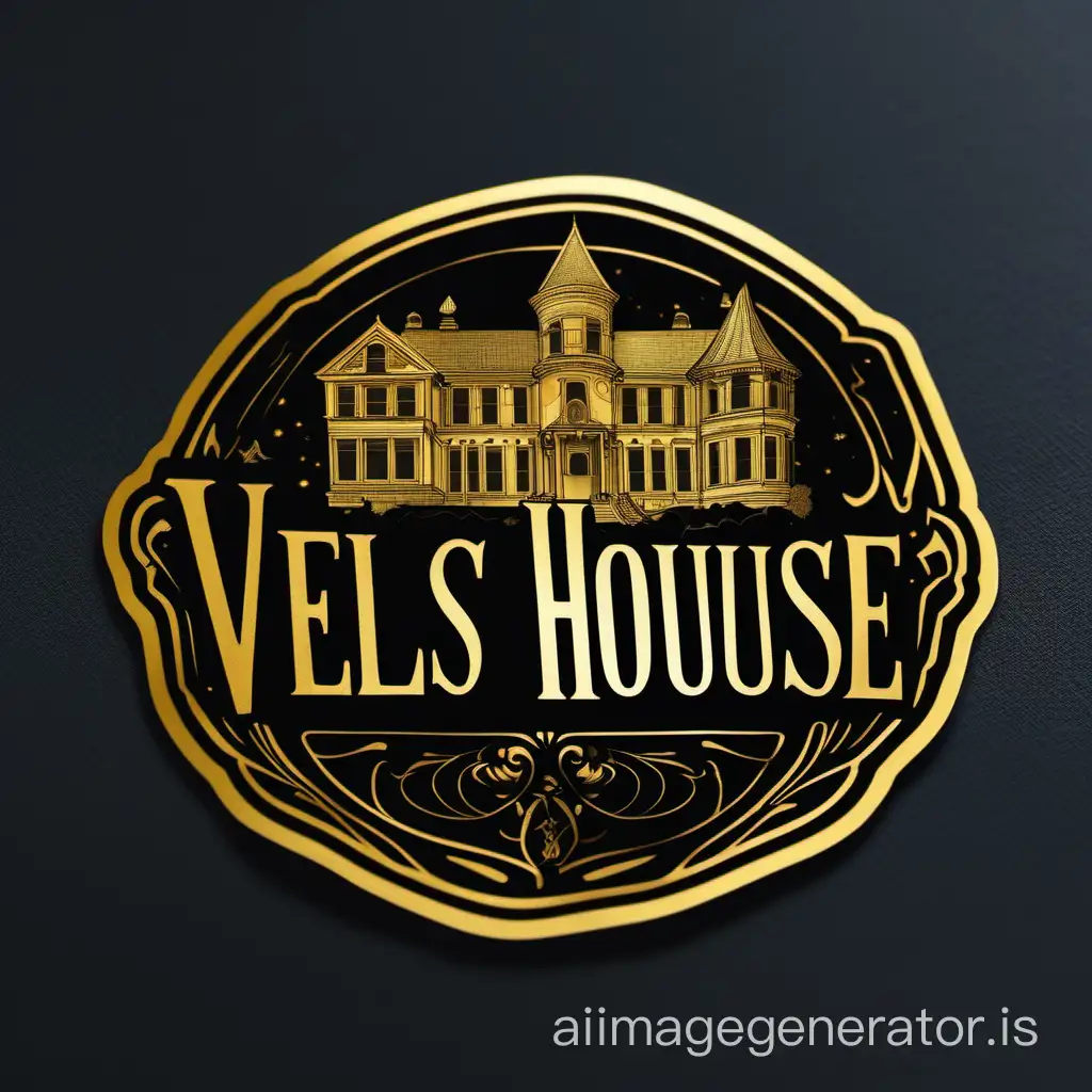 Individual sticker design on a dark background with the gold inscription “VELES HOUSE” in bold font, above the text is an image of a golden house.