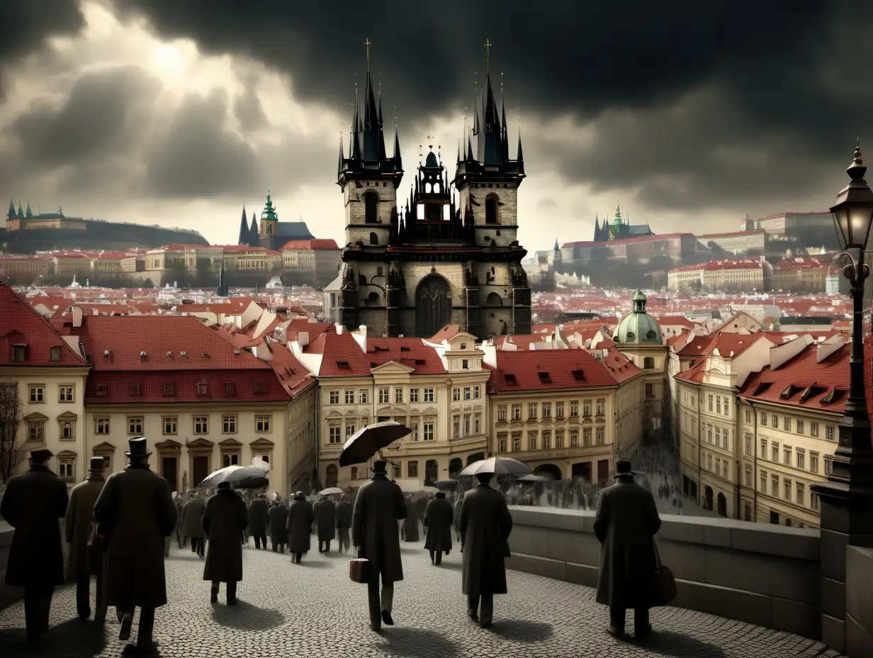 Dramatic atmosphere, Photo-realistic, detailed, high definition. Full Body. The city of Prague in 1910.  Where did Franz Kafka spend his time? Indoor or outdoor?
