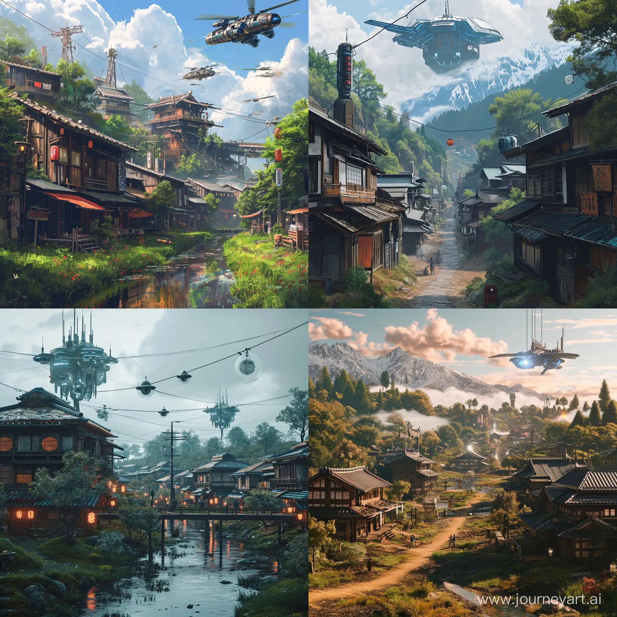 Tranquil-Feudal-Japan-Village-Blends-with-Futuristic-SciFi-Technology