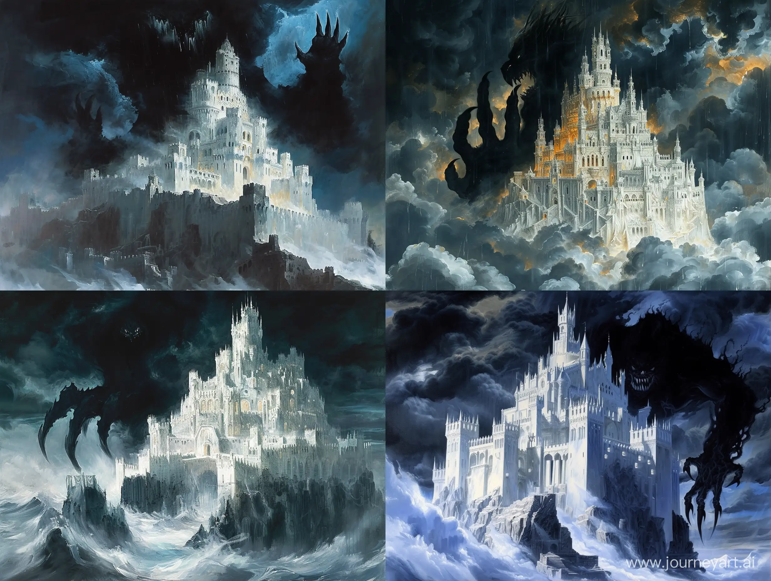 A beautiful magnificent immaculate painting of a giant white castle in the dark creepy scary dark black storm clouds with a black monster shadow with claws behind the castle 
