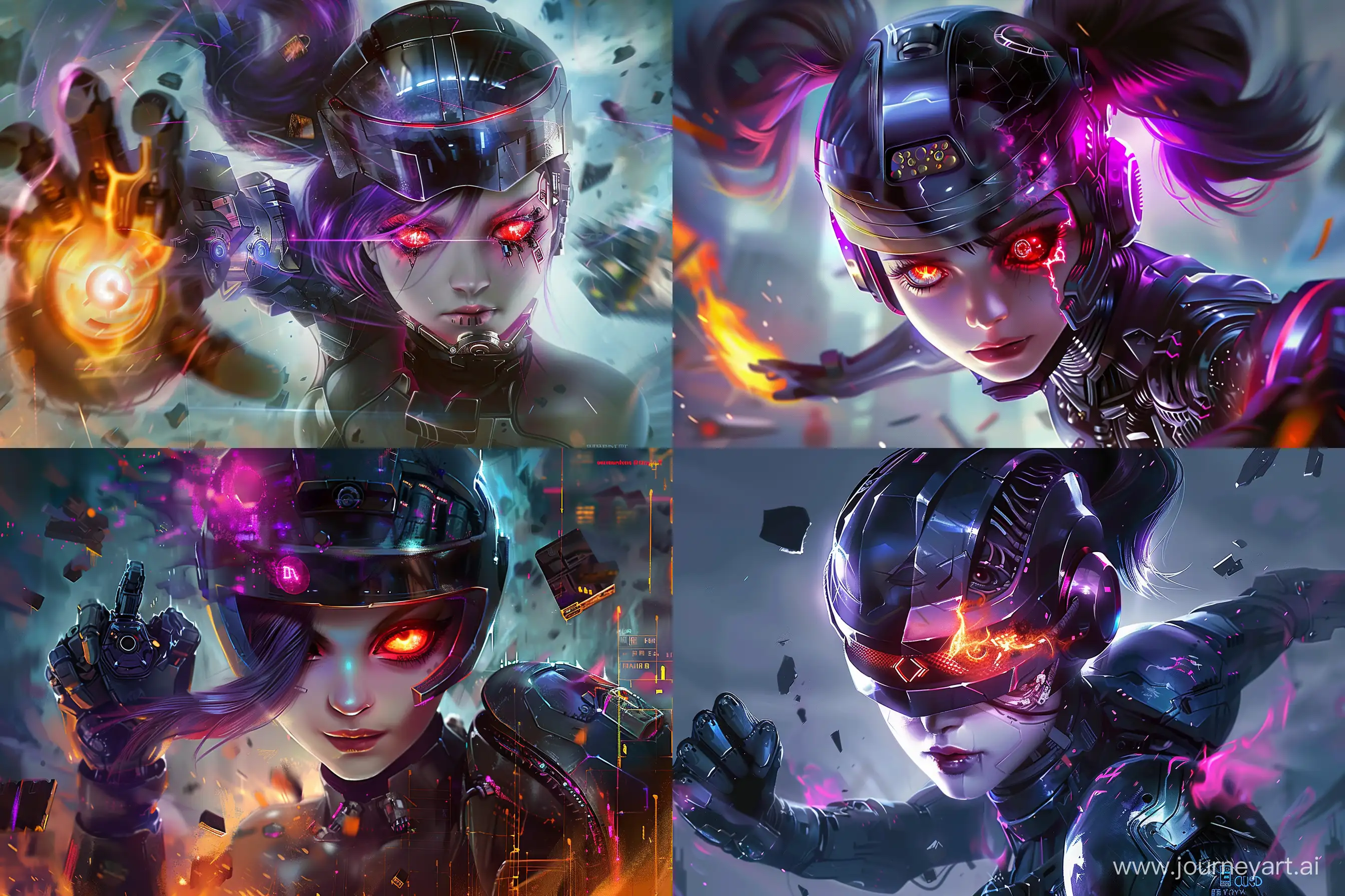 https://i.postimg.cc/SxWVrH4F/lylia-mobile-legends-ml-wallpaper-2000x1333-39.jpg девочка с горящим красным глазом и шлемом как у робокопа, киберкубийца, робот, импланты, --ar 3:2