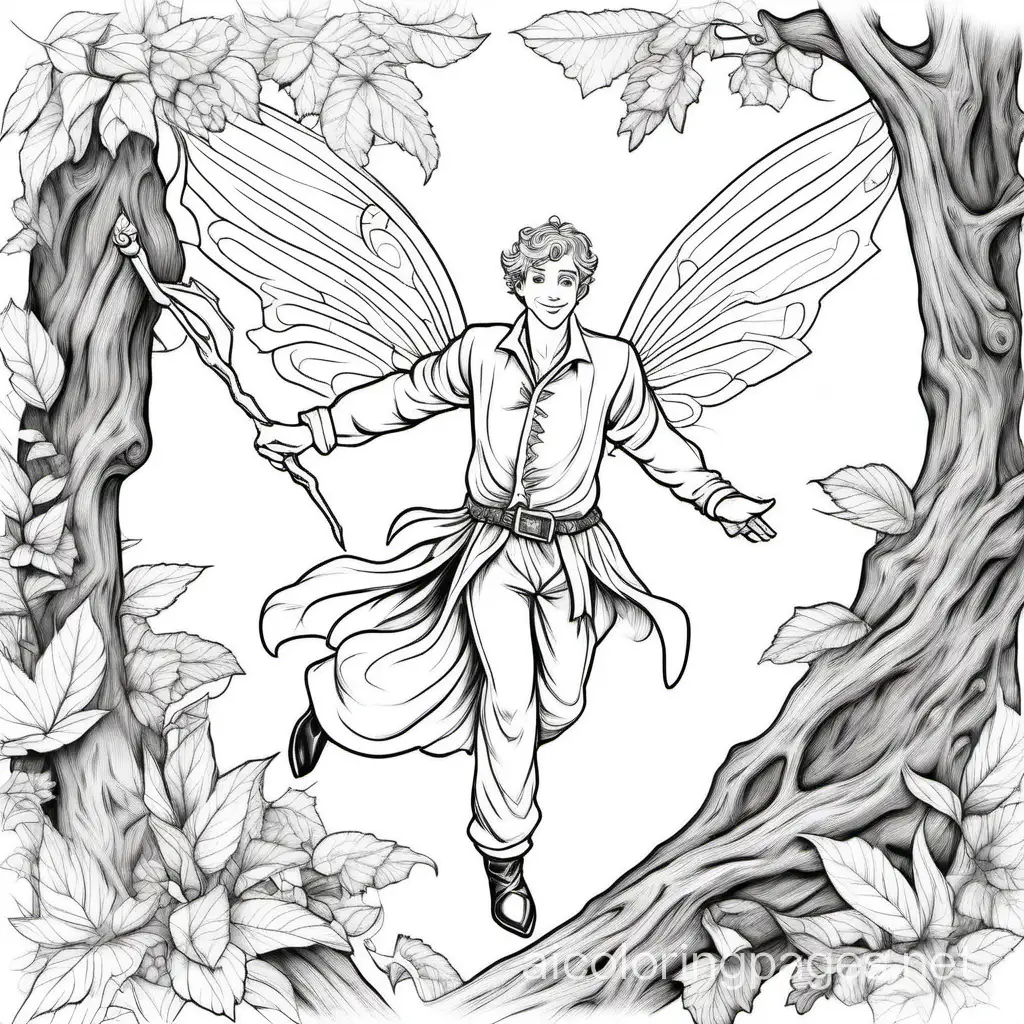 Thick black line white background only, no grey, for a coloring book, A handsomel smiling fully dressed, and elegantly dressed in a nice costume, male fairy with wing at his back. The male fairy is dancing on an old fallen tree trunc. The male fairy has perfect hands. Full view. Only black and white colors., Coloring Page, black and white, line art, white background, Simplicity, Ample White Space. The background of the coloring page is plain white to make it easy for young children to color within the lines. The outlines of all the subjects are easy to distinguish, making it simple for kids to color without too much difficulty