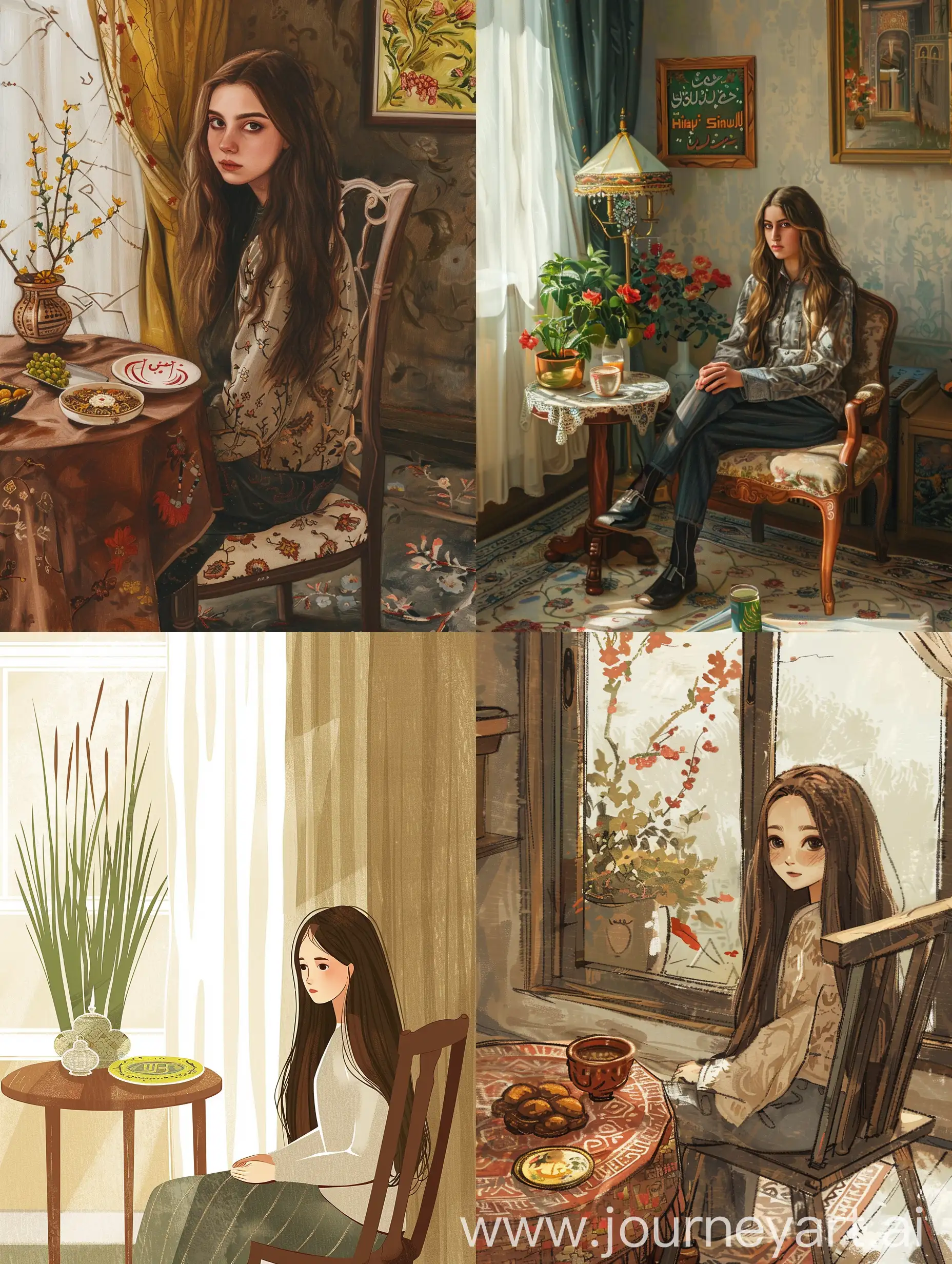 A 40-year-old girl is sitting alone in the room on a chair and there is a table next to her, on which is the Iranian Haft Sin Nowruz. The girl with long brown hair is looking at us