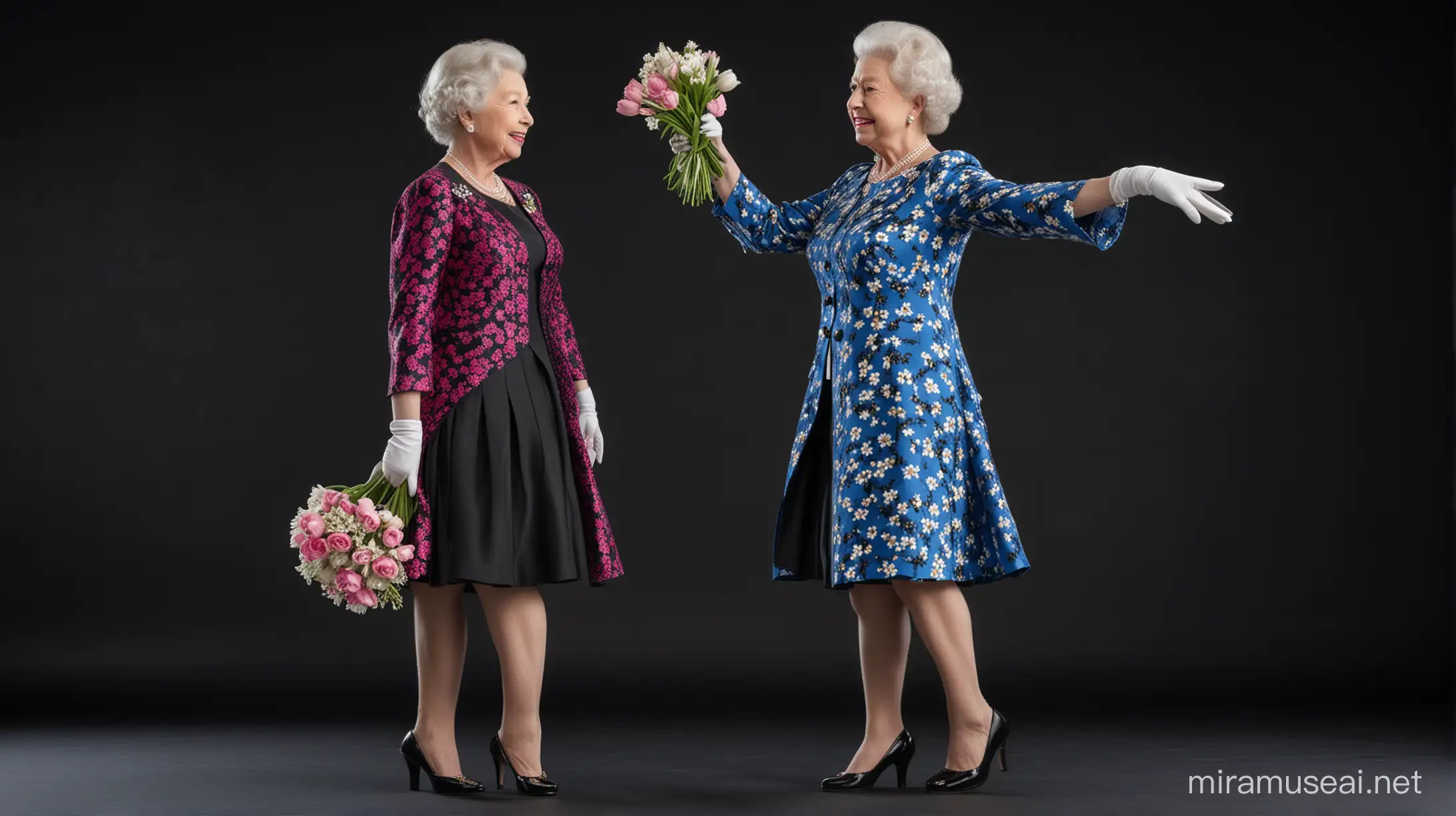 Queen Elizabeth 1 and queen Elizabeth 2 standing one by one in mode position with one leg in front, and raised heads, dressed in modern outfit elegant, with smart hairdos, black background with flying white daisies, blue tulips and pink roses 