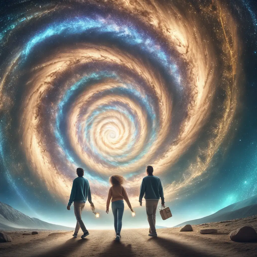 Two people with their backs turned walking into a Vortex and universe in the background while some is controlling with a wand from their house