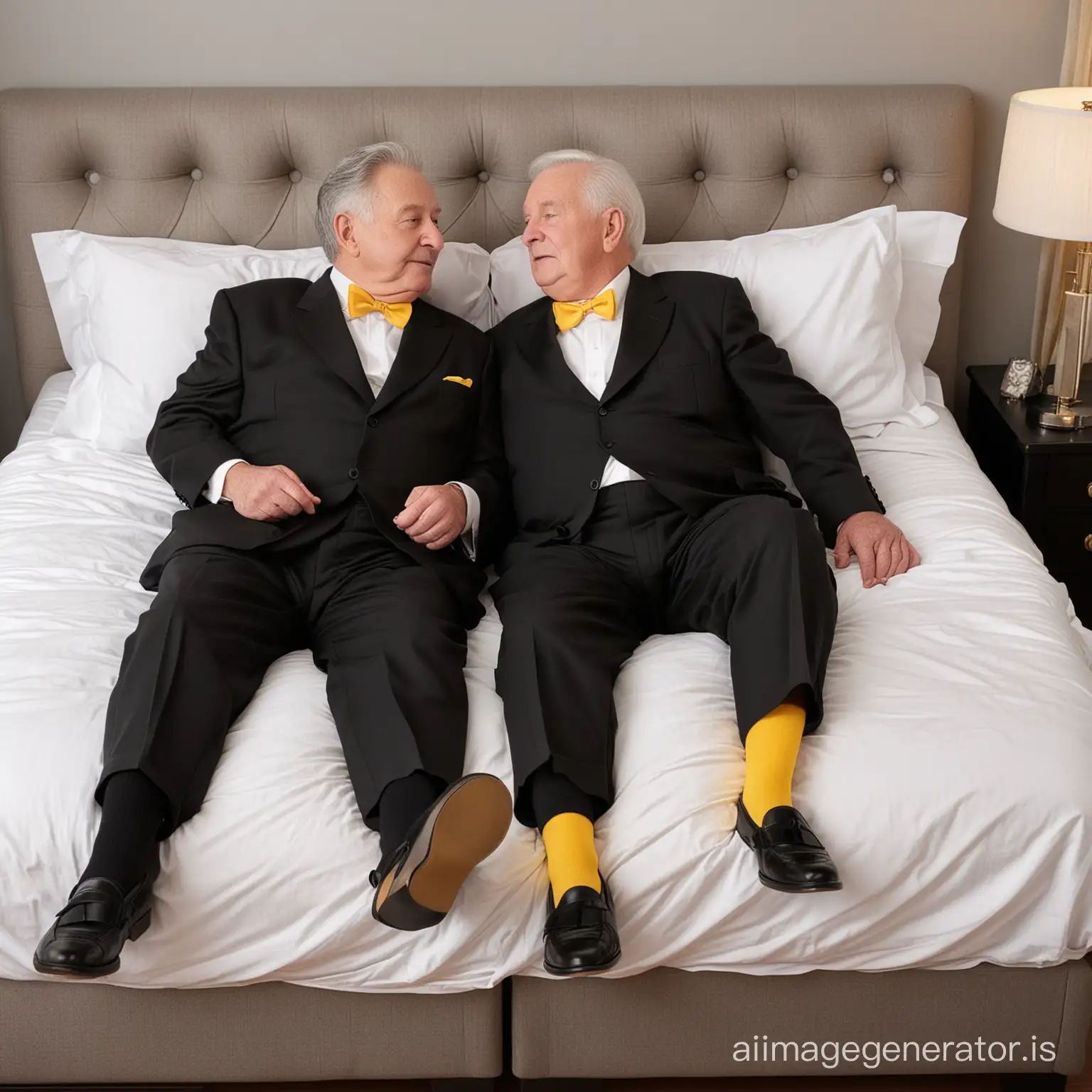 Two American fat elderly men, both 80 years old, shot height, wearing black suits, yellow bowties, black socks, black loafers, black hair, laying on a bed in the bedroom, cuddling and kissing, full body shot, must show face