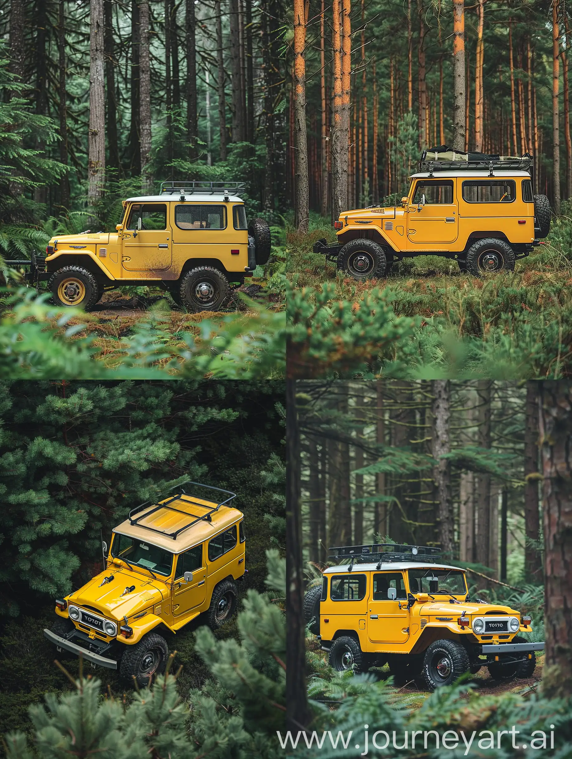 Vintage-Yellow-Toyota-Land-Cruiser-80s-Adventure-in-Pine-Forest