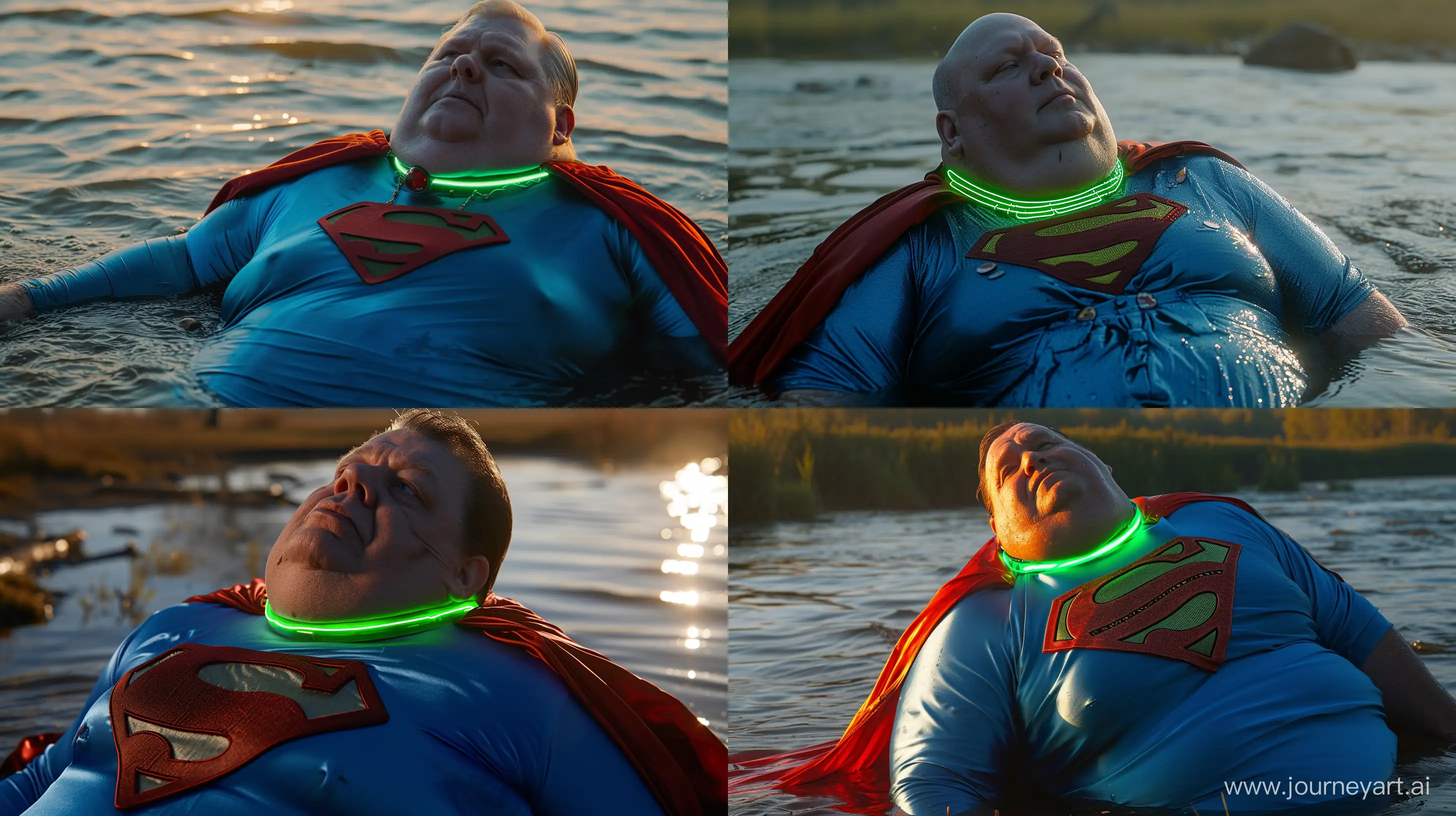 Close-up photo of a fat man aged 60 wearing a tight blue 1978 silk superman costume with a red cape and tight green glowing neon dog collar lying in the water. Natural Light. River. --style raw --ar 16:9