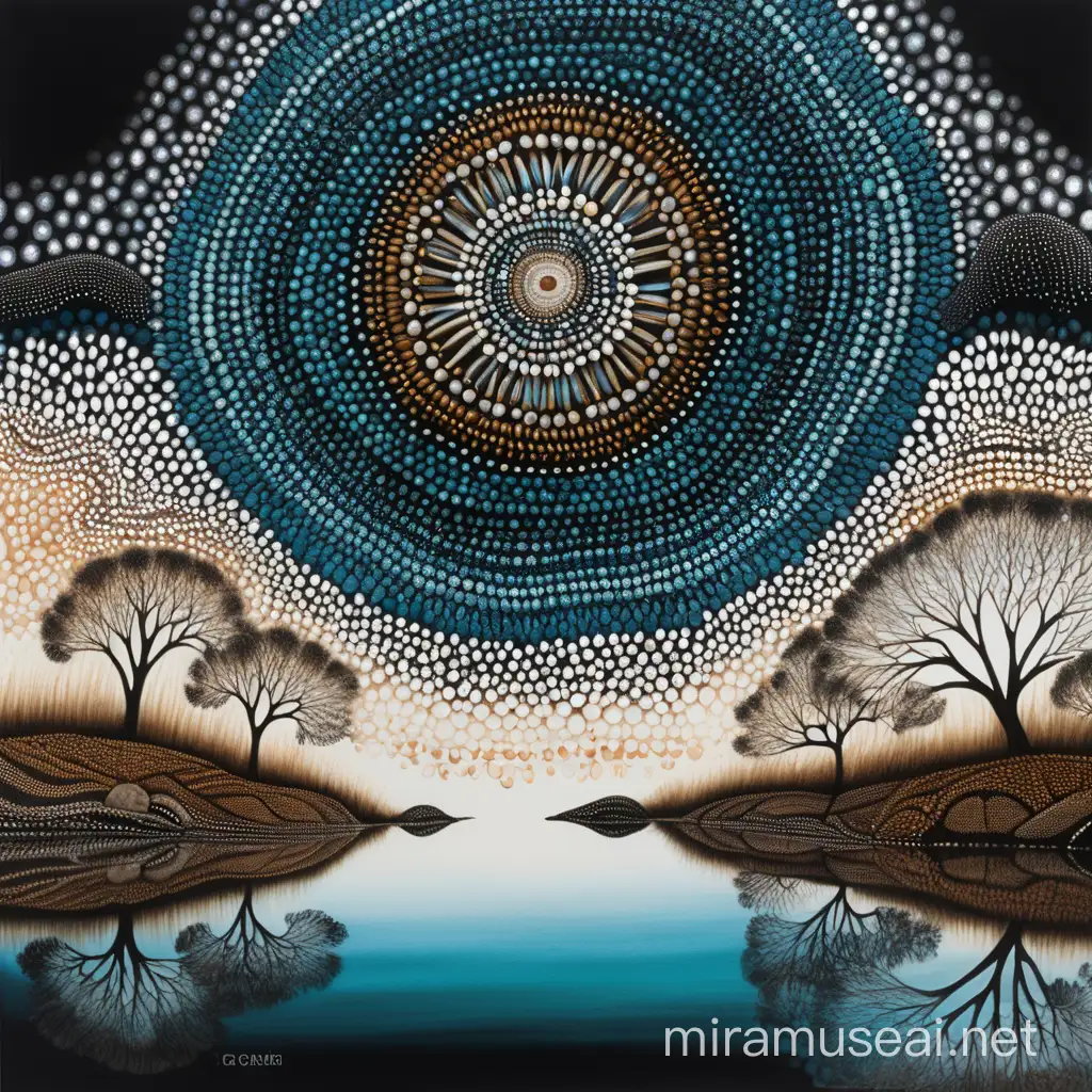 Ainslie Roberts style, Dreamtime dot art, aboriginal australia, lines, watercolor, intricate details, internal dot art landscape mirrored on water's surface below, colour scheme centred on vibrant cream, white, ochre, aqua against a stark black, black negative space, backdrop, chiaroscuro enhancing the intricate details, in a digital Rendering “v6”