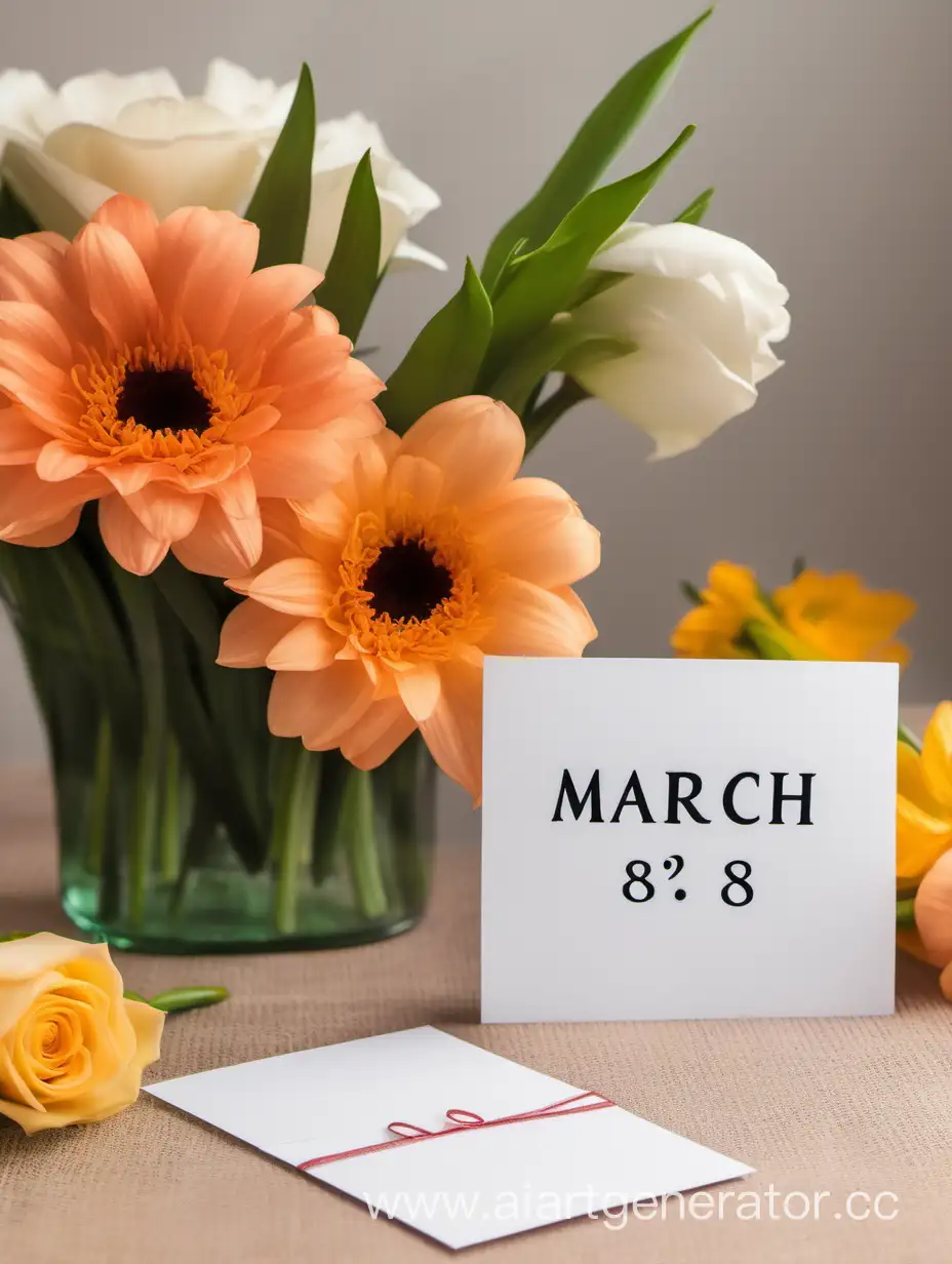 на столе стоят цветы и открытка к 8 марта