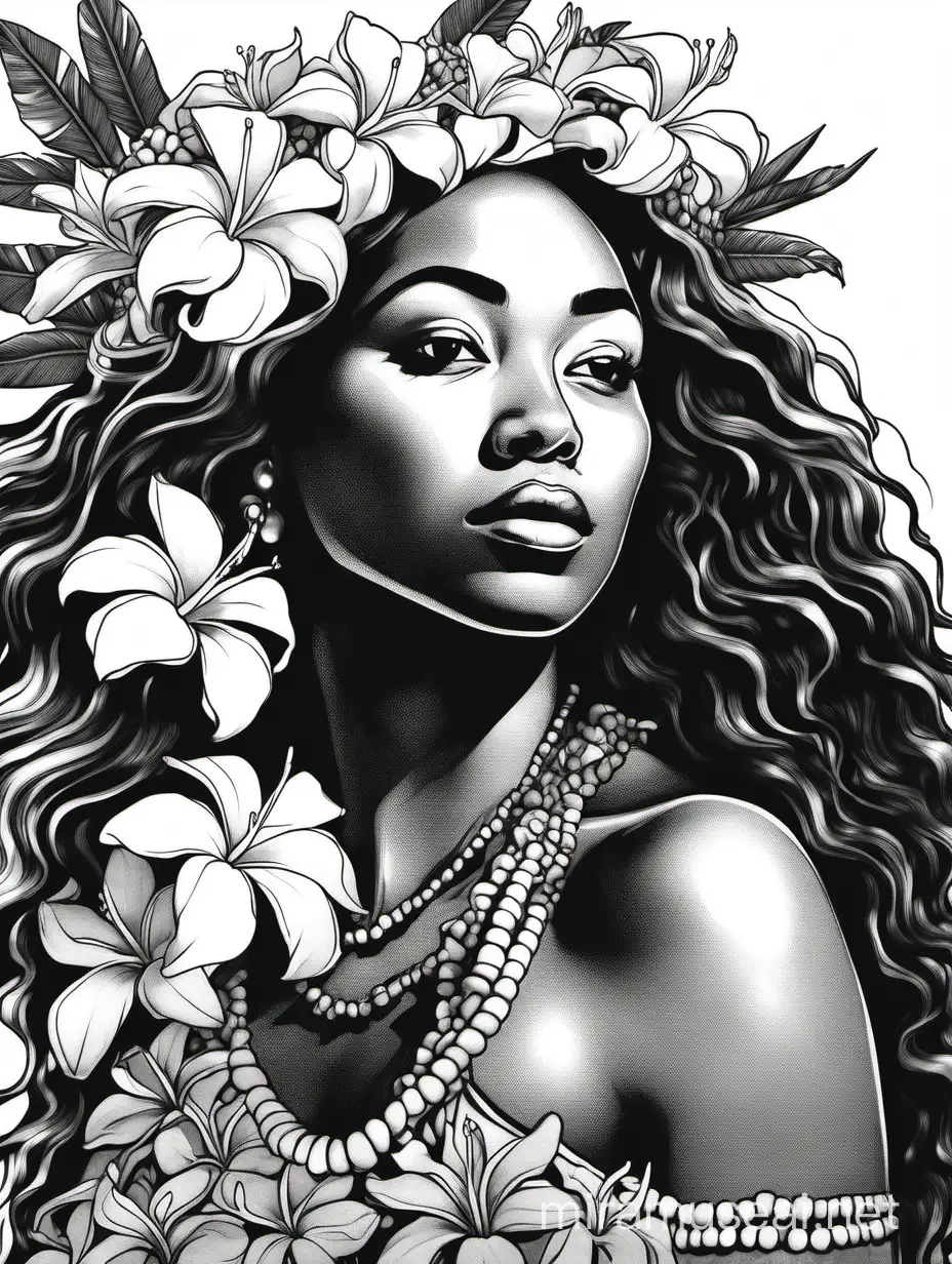 Draw me a black and white picture of a Hawaiian dancer with long wavy hair and an exotic look on her face as she looks up toward the sun. white background. She is not looking at me. She has a flower crown on her head made of plumerias. she is wearing a lei around her neck and she is not wearing earrings. Her skin is soft and light and her eyes are dark. She is in a soulful pose at the shoreline toward the ocean.
