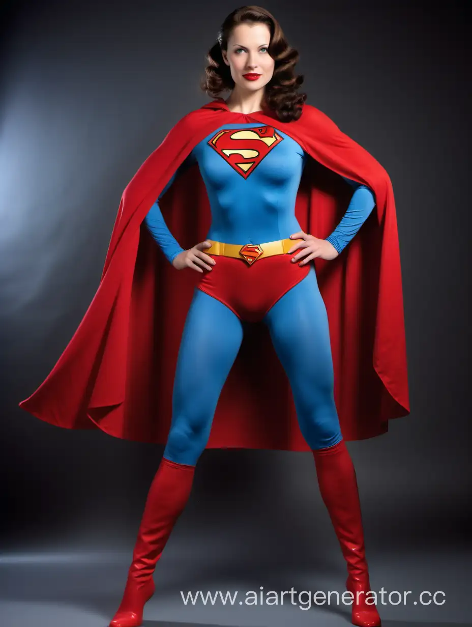 A beautiful woman with brown hair, age 34, She is happy and muscular. She is wearing a Superman costume with (blue leggings), (long blue sleeves), red briefs, red boots, and a flowing cape. Her costume is made of very soft cotton fabric. The symbol on her chest has no black outlines. She is posed like a superhero, strong and powerful. In the style of 1940 noir movie.