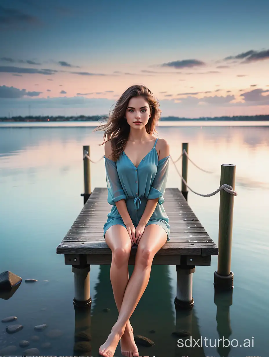 a stunning beautiful young woman seated in dynamic pose on the dock. The background is a tranquil and moody image featuring a jetty extending into calm waters, with a soft-focus effect on the water that suggests a long exposure. The sky is overcast, imbued with subtle warm tones contrasting the overall cool color palette of blues and greys. The clouds appear to be in motion, likely due to the long exposure as well. Rocks border the bottom of the image, and the railing along the jetty adds a sense of structure and safety. This scene could be at either dawn or dusk, capturing a quiet moment of natural beauty.