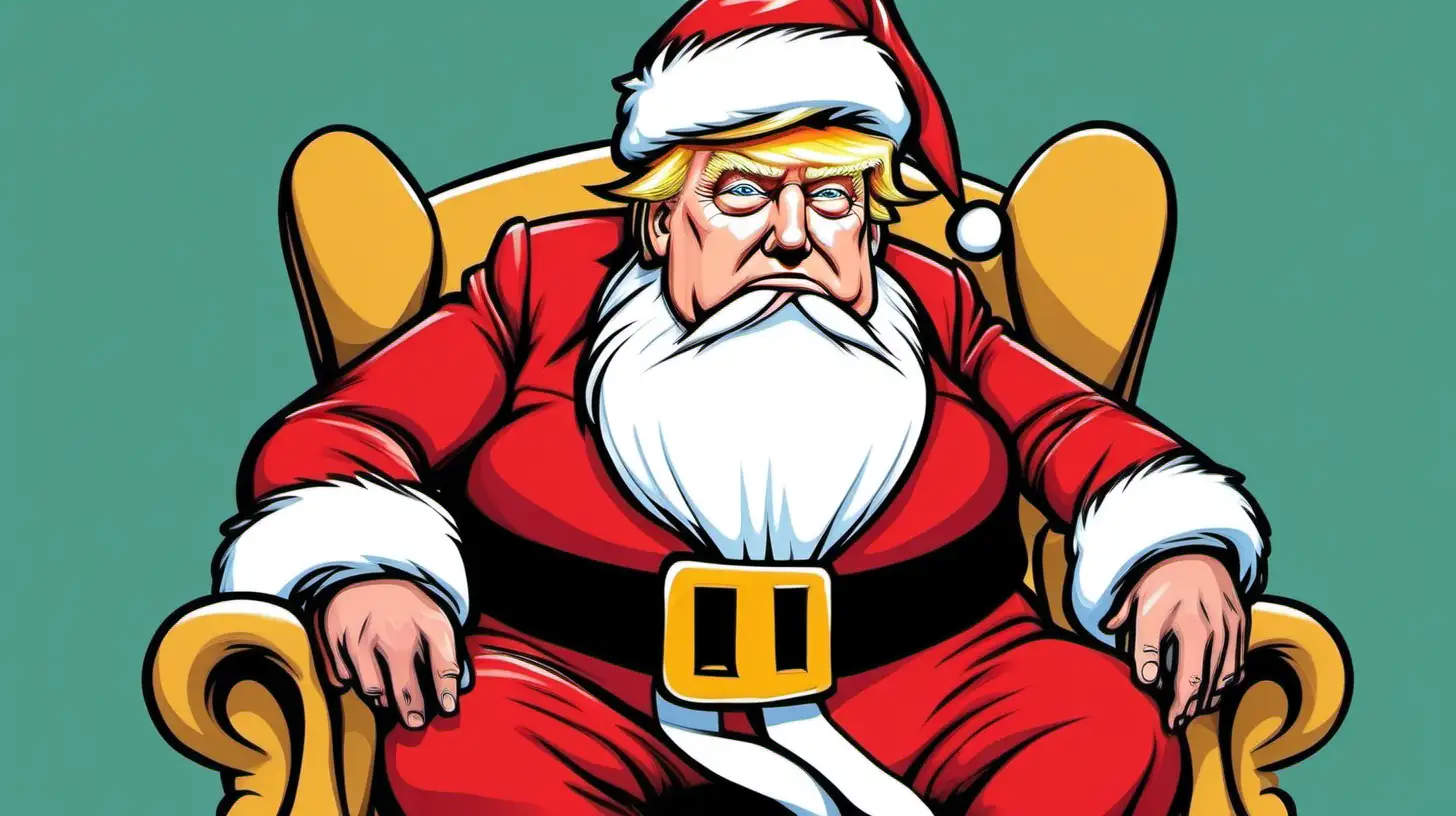 cartoon donald trump sitting down wearing a santa suit