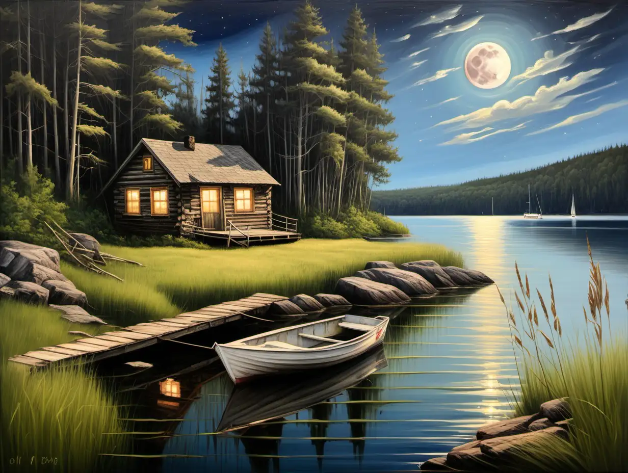oil painting, old cabin with tall grass in bay,  rock shoreline, old dock and 1 boat next to dock, forest, weeds in lake, moon, 