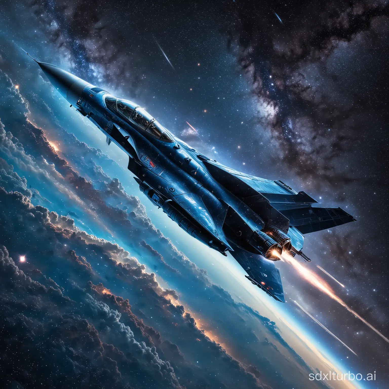 Sleek-Blue-Fighter-Jet-Soaring-Through-the-Milky-Way-Galaxy