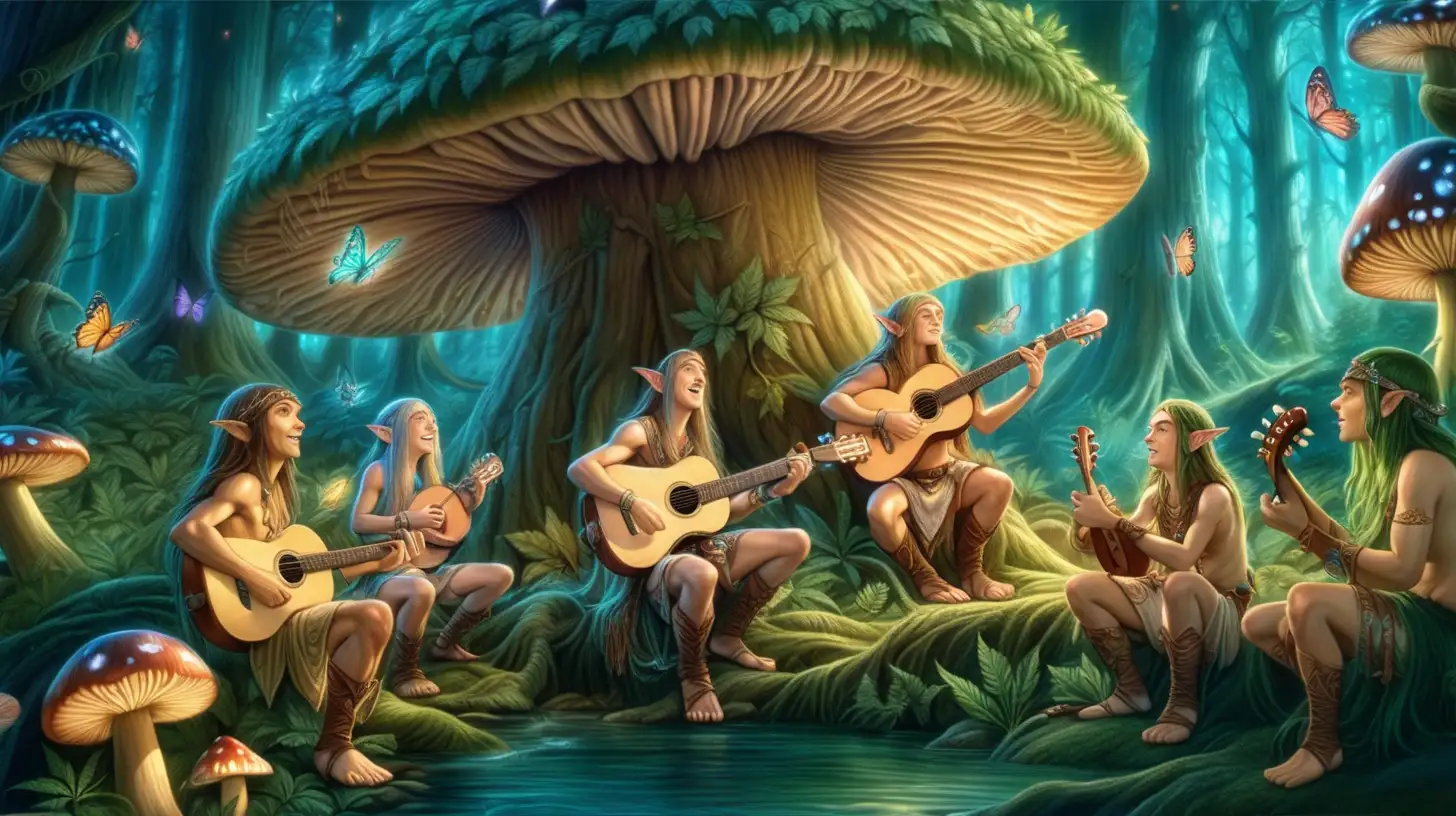 fantasy art, high detail, wide angle, a cute elven boys with long hair dressed in a loincloth sits playing lutes and singing under a giant mushroom in a fantasy forest, lush cannabis forest, fantasy creatures, butterflies, pixies, twilight, fantasy lighting, happy mood, psychedliec music effects
