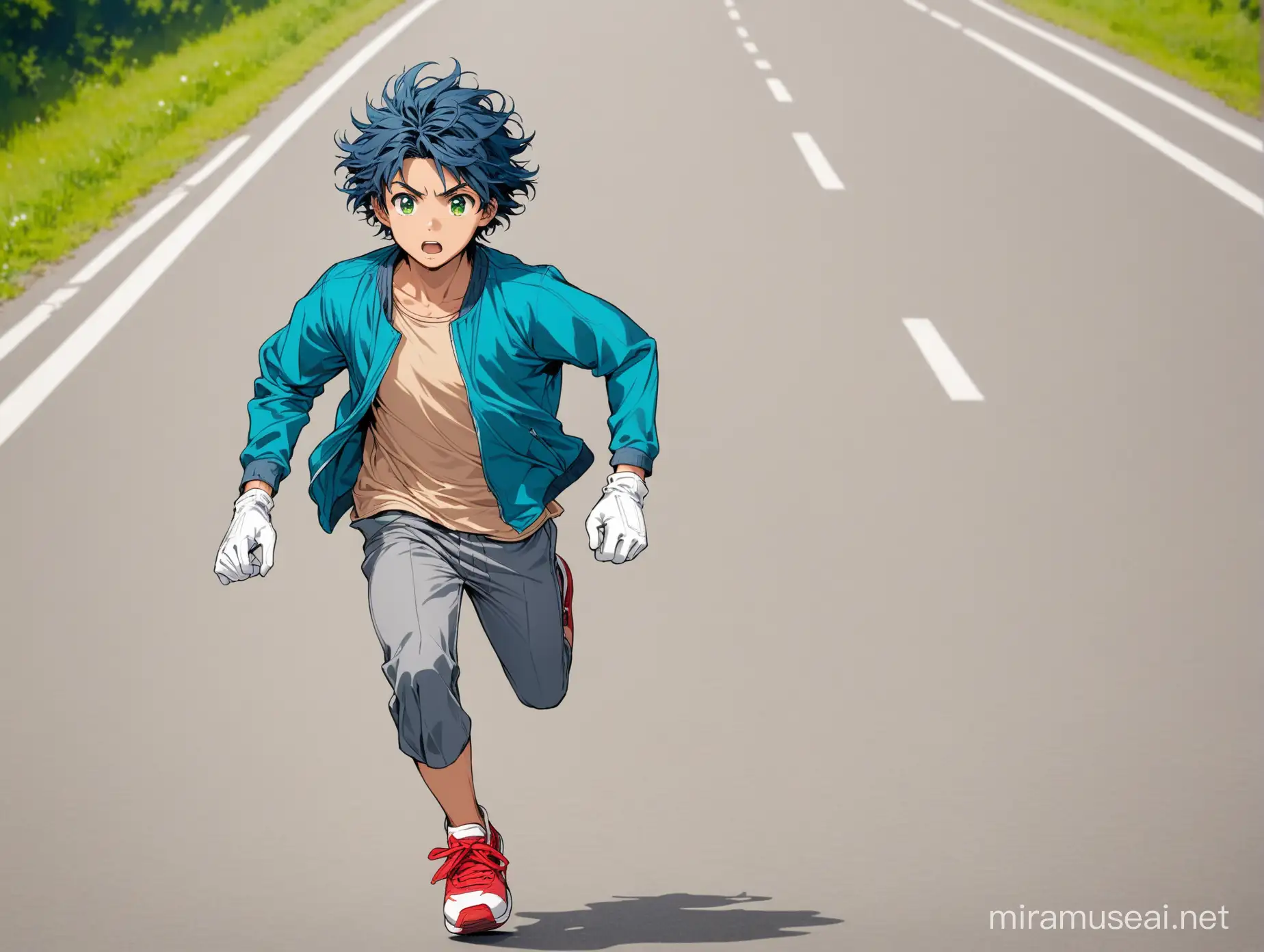 Boy Running on Road with Blue Hair and Red Sneakers