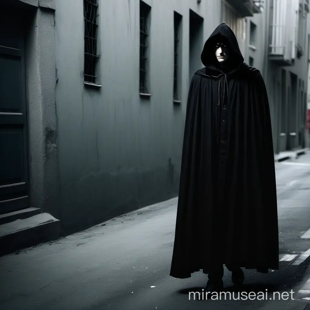 Mysterious Man in Black Cloak Stands Alone on Deserted Street Corner