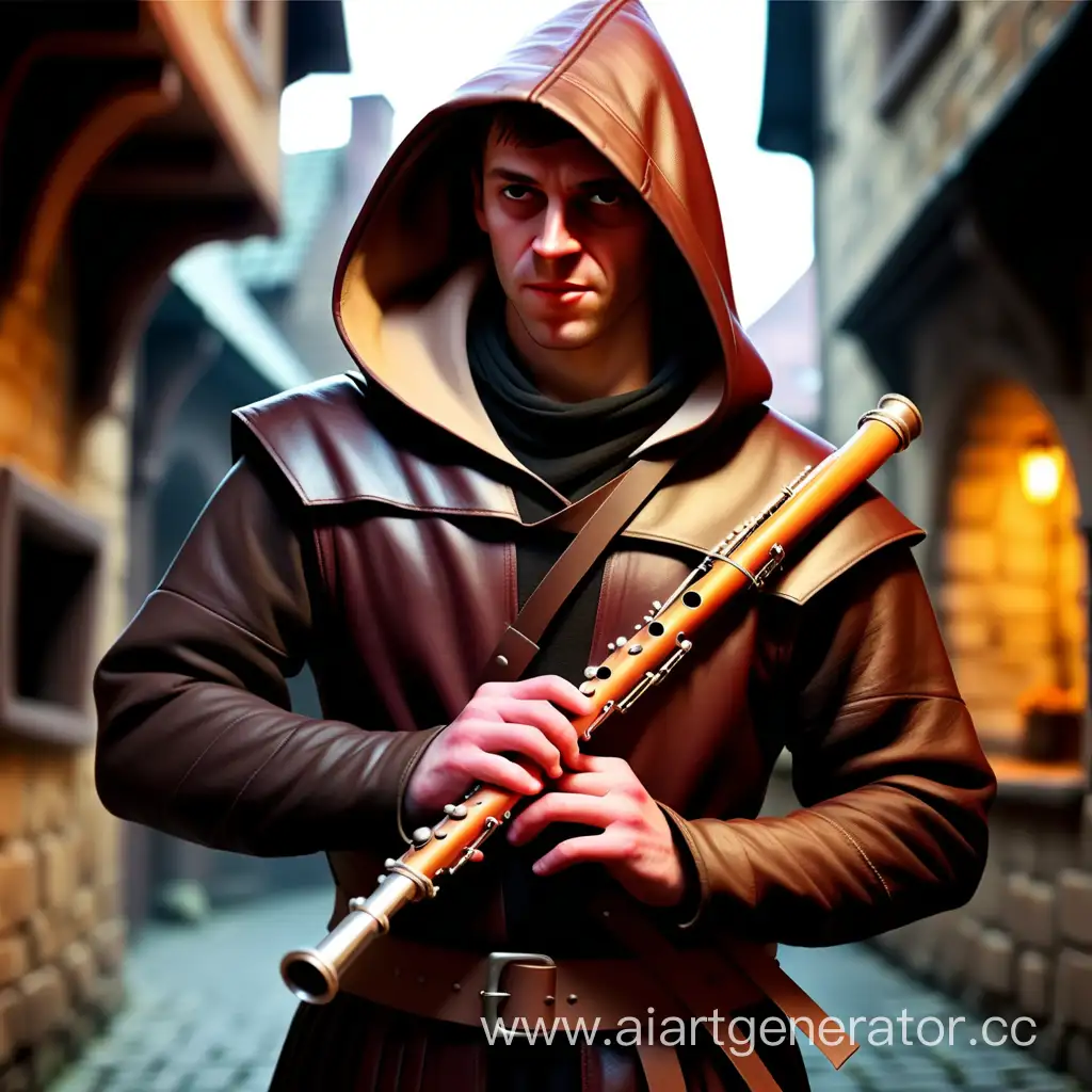 Medieval-Style-Flute-Player-in-Leather-Hood