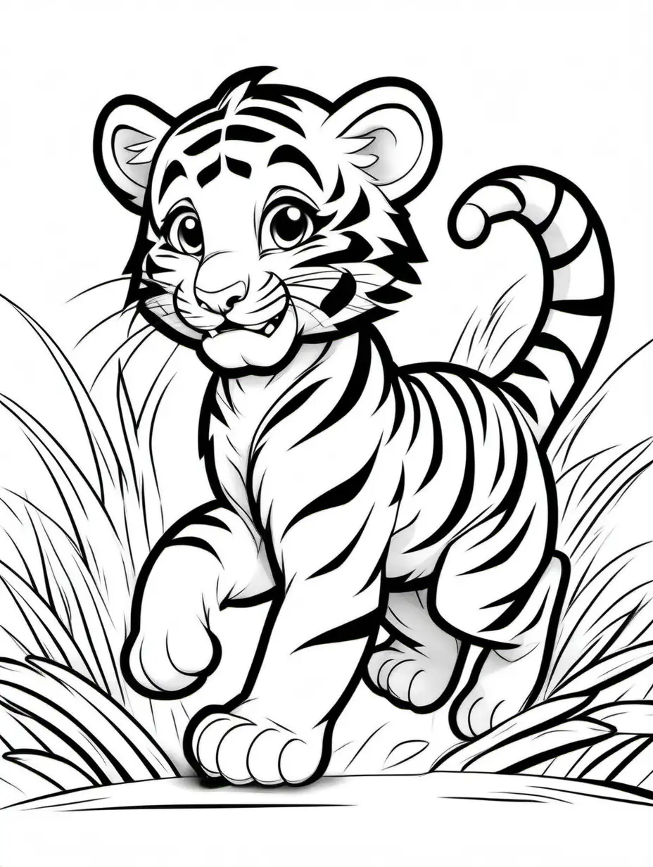 Coloring book, cartoon drawing, clean black and white, single line, in center of aspect ratio 9:16, white background, cute tiger cub chasing its tail.