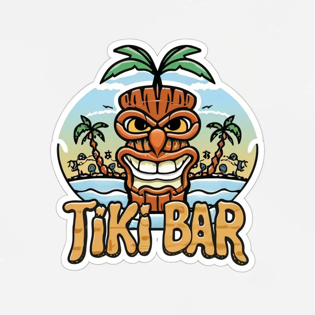 logo, tiki, with the text "beach scene tiki bar, Sticker, Joyful, Secondary Color, Deviant Art, Contour, Vector, White Background, Detailed", typography