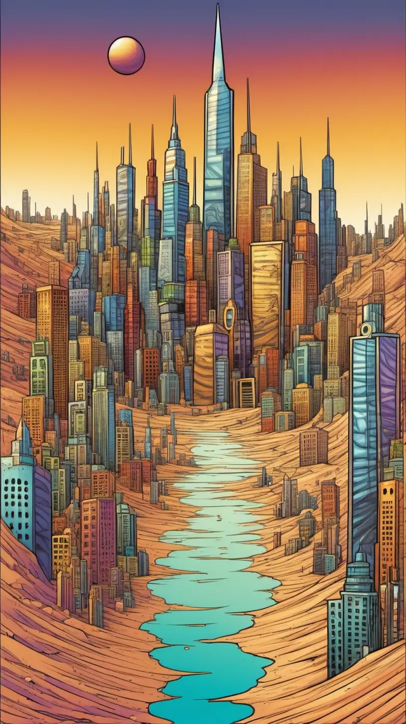 Cartoony color:  Eye level. 
 A modern  metalic metropolis rises up from on the horizon of a great desert.  