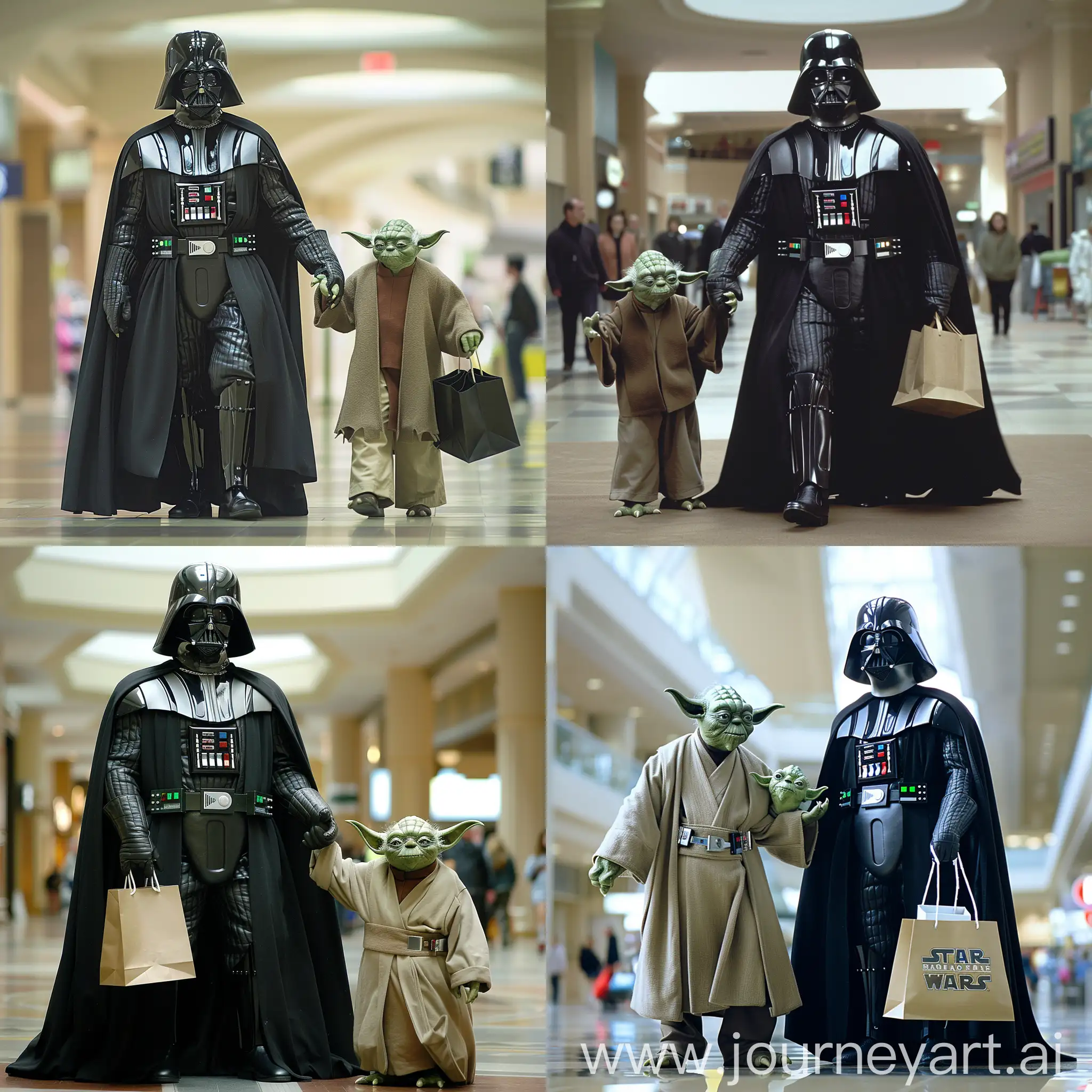 Darth Vader shopping at the mall with Yoda