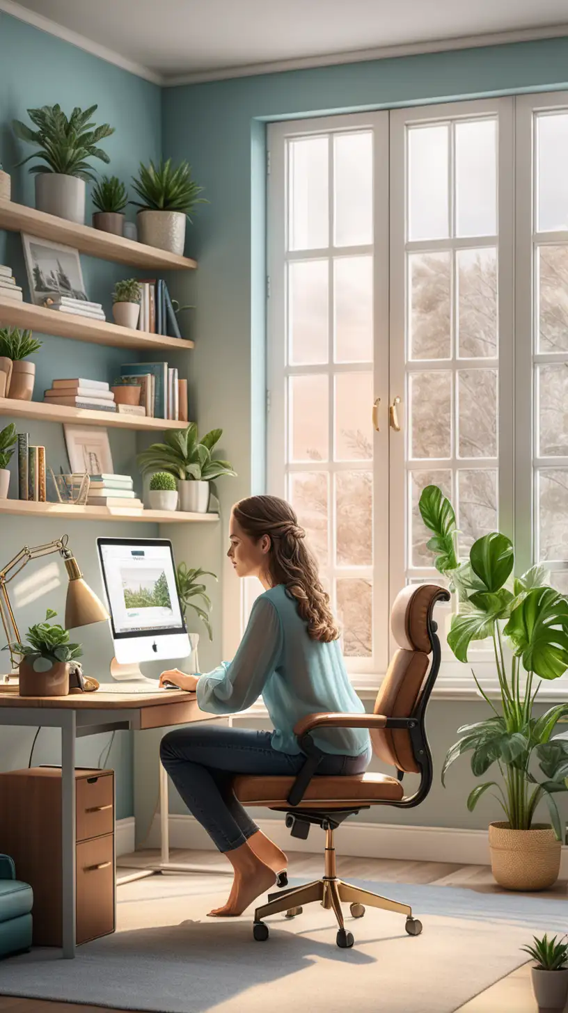 create a realistic image of A woman sitting at her desk, focusing on work at her computer in a modern, well-lit home office with a large window providing natural light, a spacious desk, a comfortable chair, and shelves with books and personal items. The room is decorated in calming colors, with indoor plants