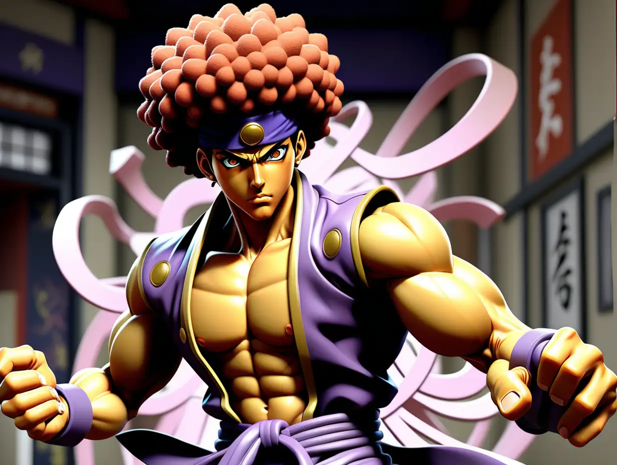 Generate concept cover art for a magical Japanese martial arts fighting game in the classic PS1-era CG style. Feature characters inspired by JoJo's Bizarre Adventure and Hunter x Hunter. Make the main character a tan  transfer student with an afro. Embrace smooth low-poly aesthetics and a dynamic color palette for a 90s anime feel. Capture dynamic poses and expressions, emphasizing the JoJo's Bizarre Adventure style for the characters.  Ensure the artwork exudes the mystique of a magical martial arts battle, paying meticulous attention to details for a handcrafted feel.