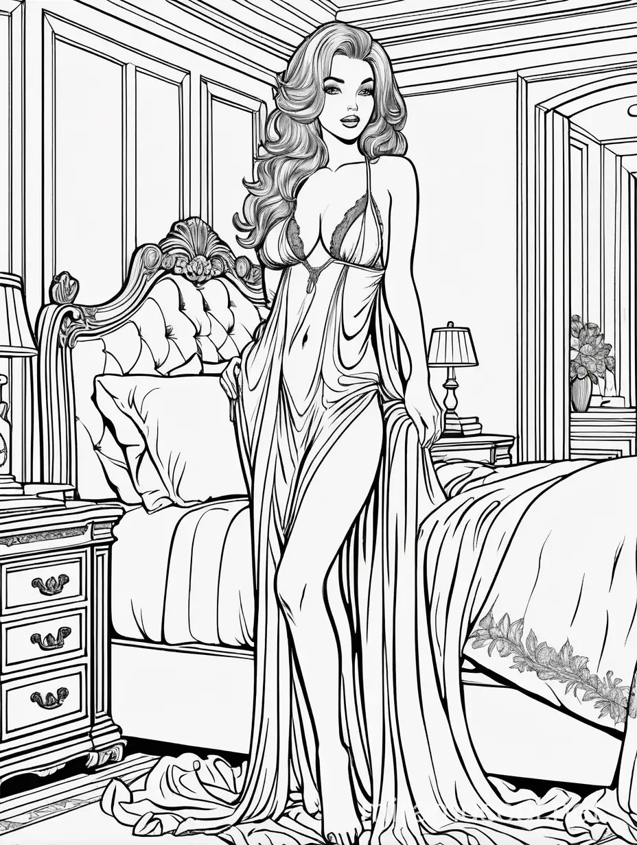 Coloring book image. Black and white. Outline only. No color. Highly detailed. Clean and clear outlines that allow for easy coloring. Ensure that the design provides ample space for creativity and coloring. High fashion, high fantasy, slutty woman wearing a very sexy and revealing nightgown in a sexy pose in a bedroom