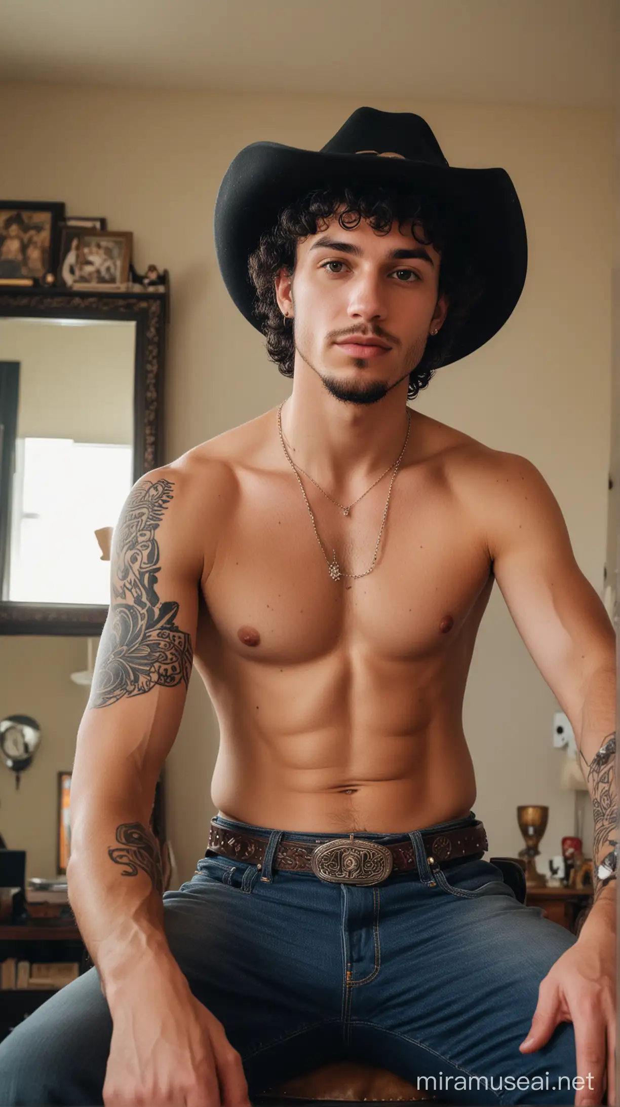 A 25-year-old Elijah with short curly black hair, tattoos, ancient jewelry, Ancient Tattoos, leaning back in his gaming chair, erection, mirror selfie, covering himself with a cowboy hat, led lights on wall, head tilted at an acute angle, Ambient Bedroom, Gamer Streamer Set-up,Holding iPhone to take mirror selfie, 8K resolution, wide angle shot