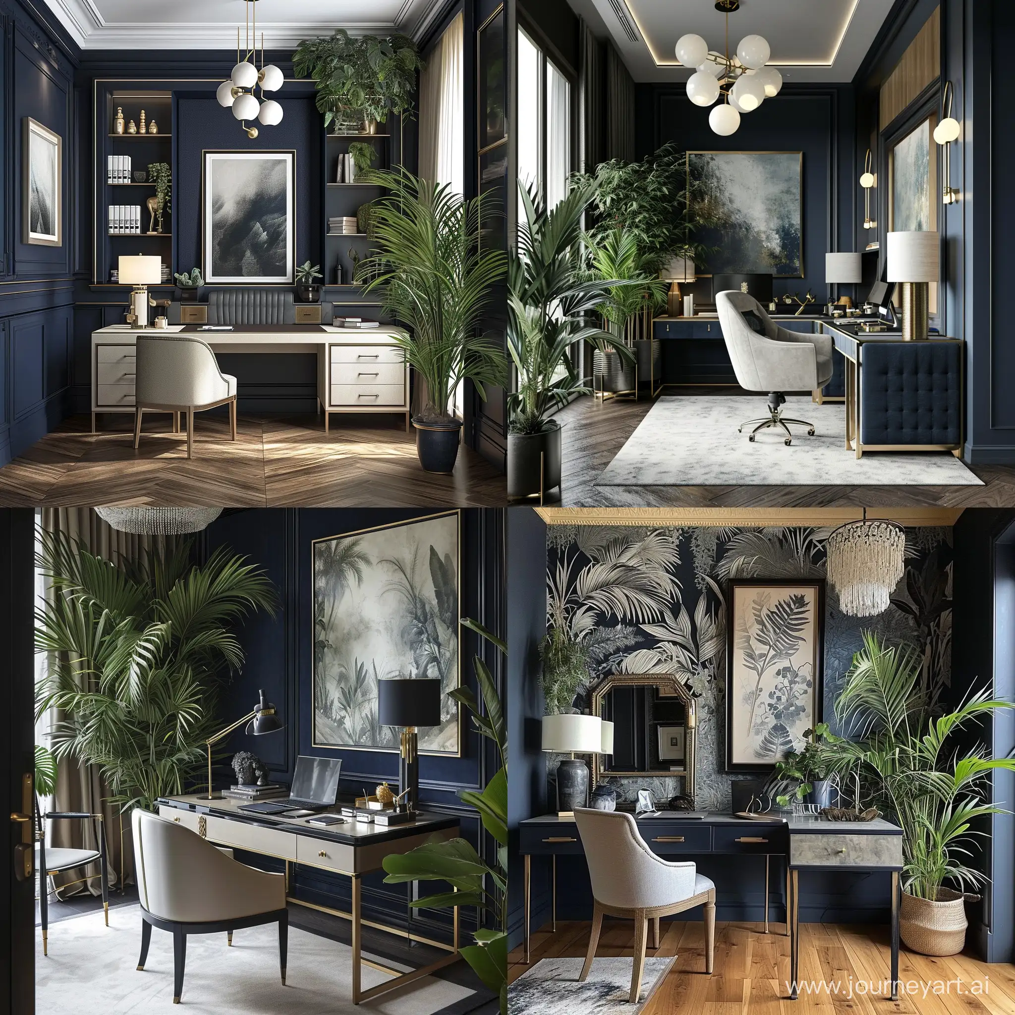 Luxurious-Navy-Blue-Home-Office-Interior-with-Vegetation-Decor