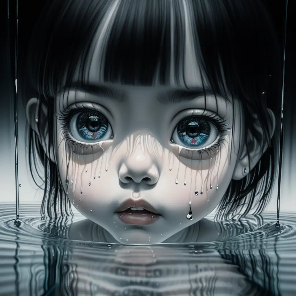 Closeup, little girl, big eyes, emerging from a bath, double exposure portrait, closeup tears, internal Japanese bathroom , mirrored on water's surface below, colour scheme centred on black, cream,  white, against a stark black backdrop, chiaroscuro enhancing the intricate details, in a digital rendering.
