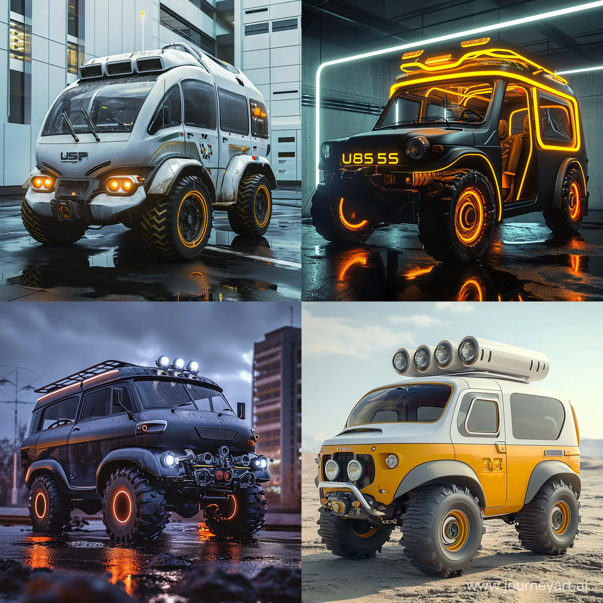 Futuristic UAZ-452, high tech, smart materials, science fiction --v 6