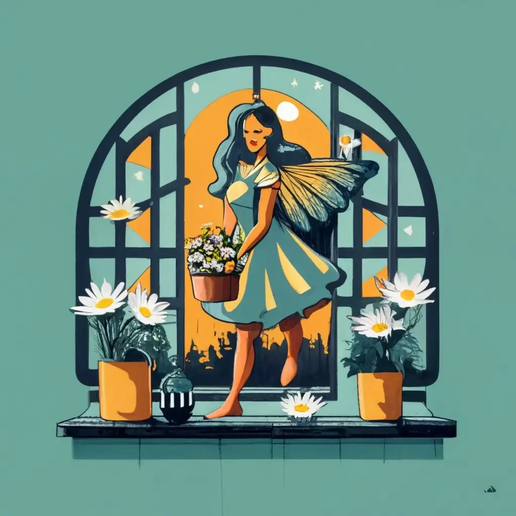 the atmosphere in the wooden room, a picture of a beutiful fairy
 facing the window holding a pot of daisies (white and yellow flowers).