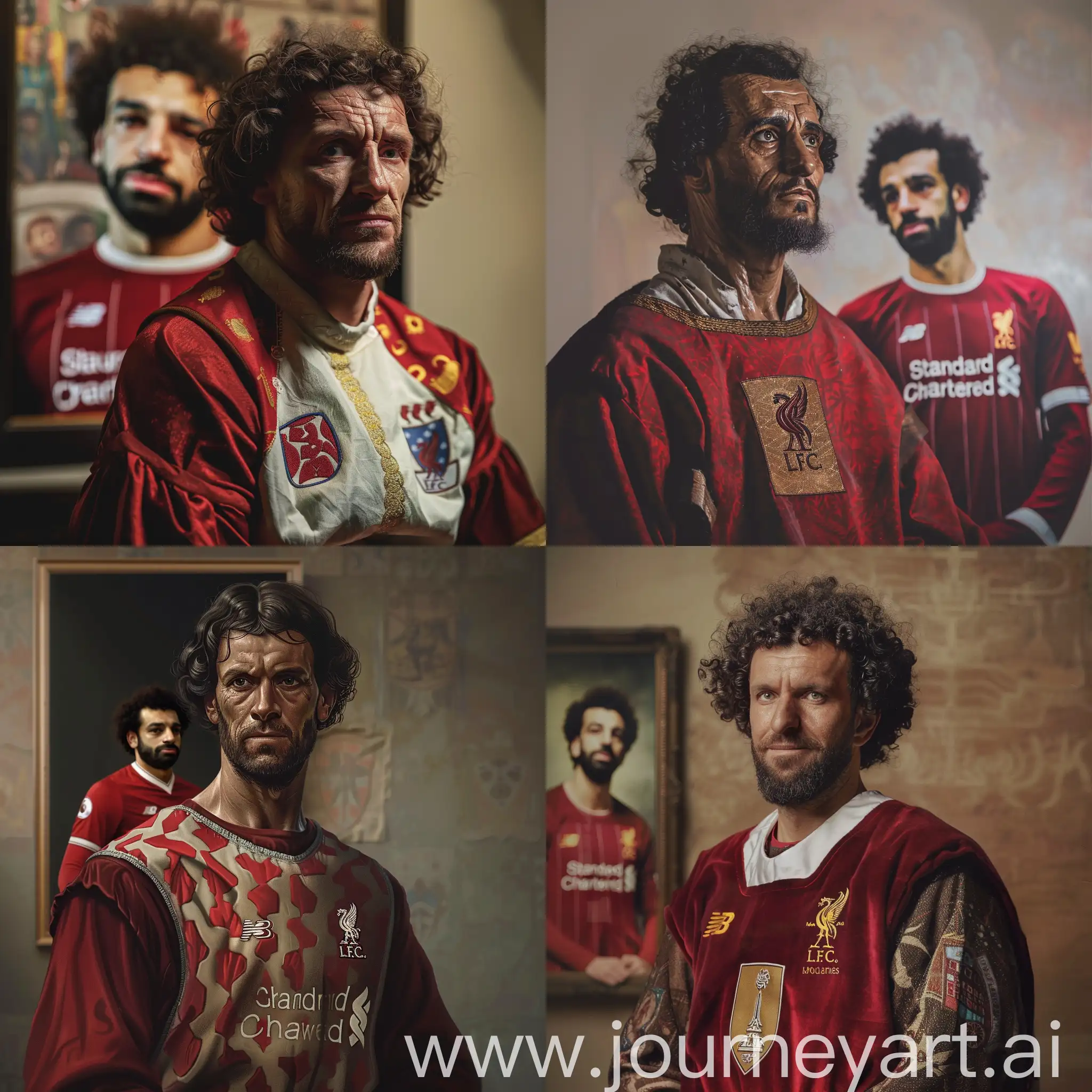 Portrait of man from 1400s england but he is wearing a liverpool fc jersey and in the background is a photo of mohamed salah