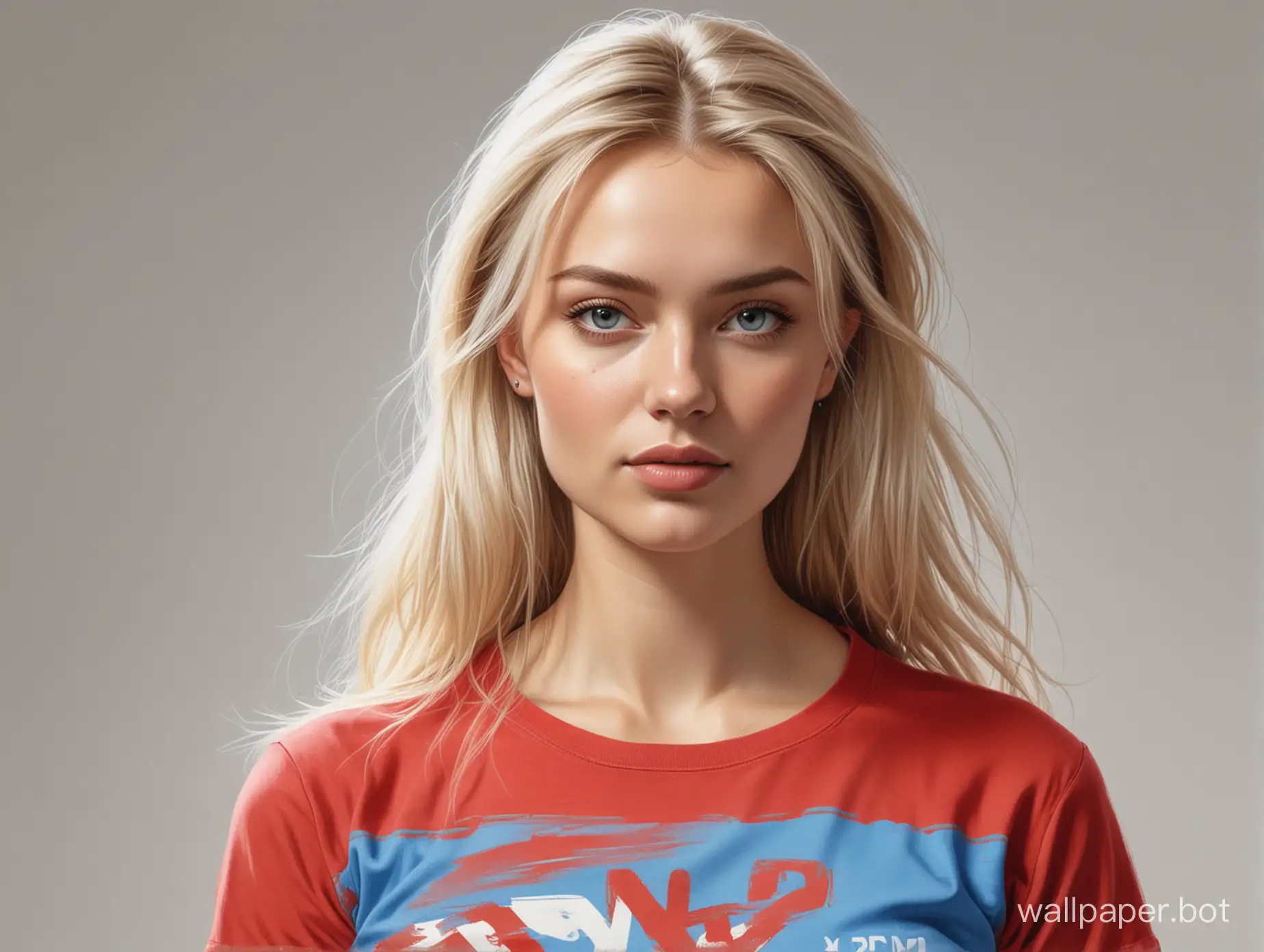 Sketch of Valeria Prigozhina, 25 years old, light hair, 6th breast size, narrow waist, in a red-and-blue T-shirt, white background, high realism. Style Boris Vallejo, portrait in half-turn.