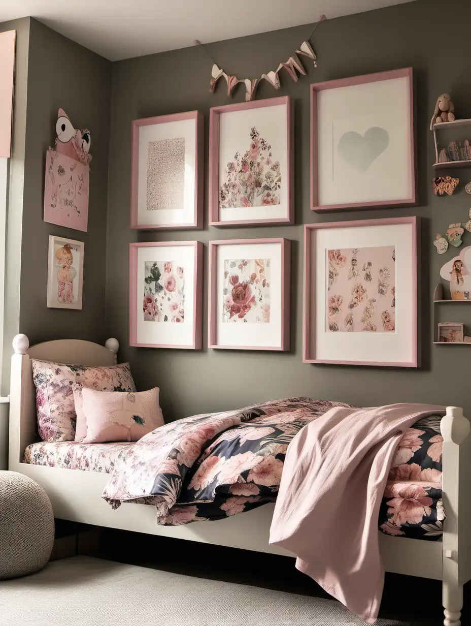 Chic Girls Bedroom with Dark Floral Bed Sheets and Wall Art Ensemble