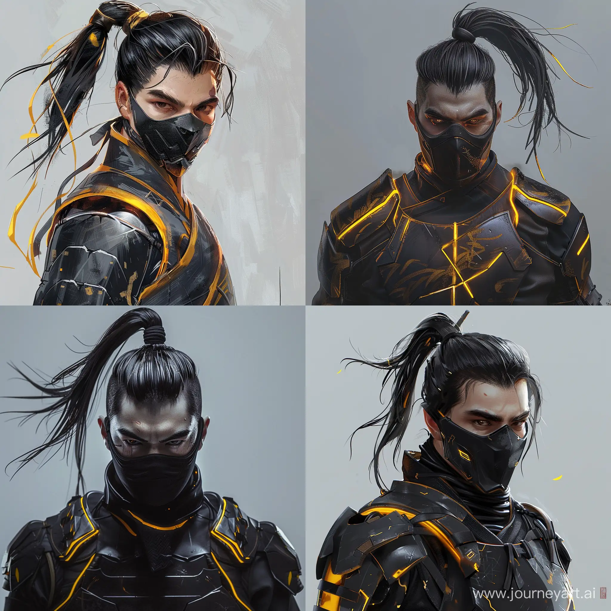 Ninja-Warrior-with-Black-Ponytail-Hair-and-Masked-Face-in-Yellow-and-Black-Armor