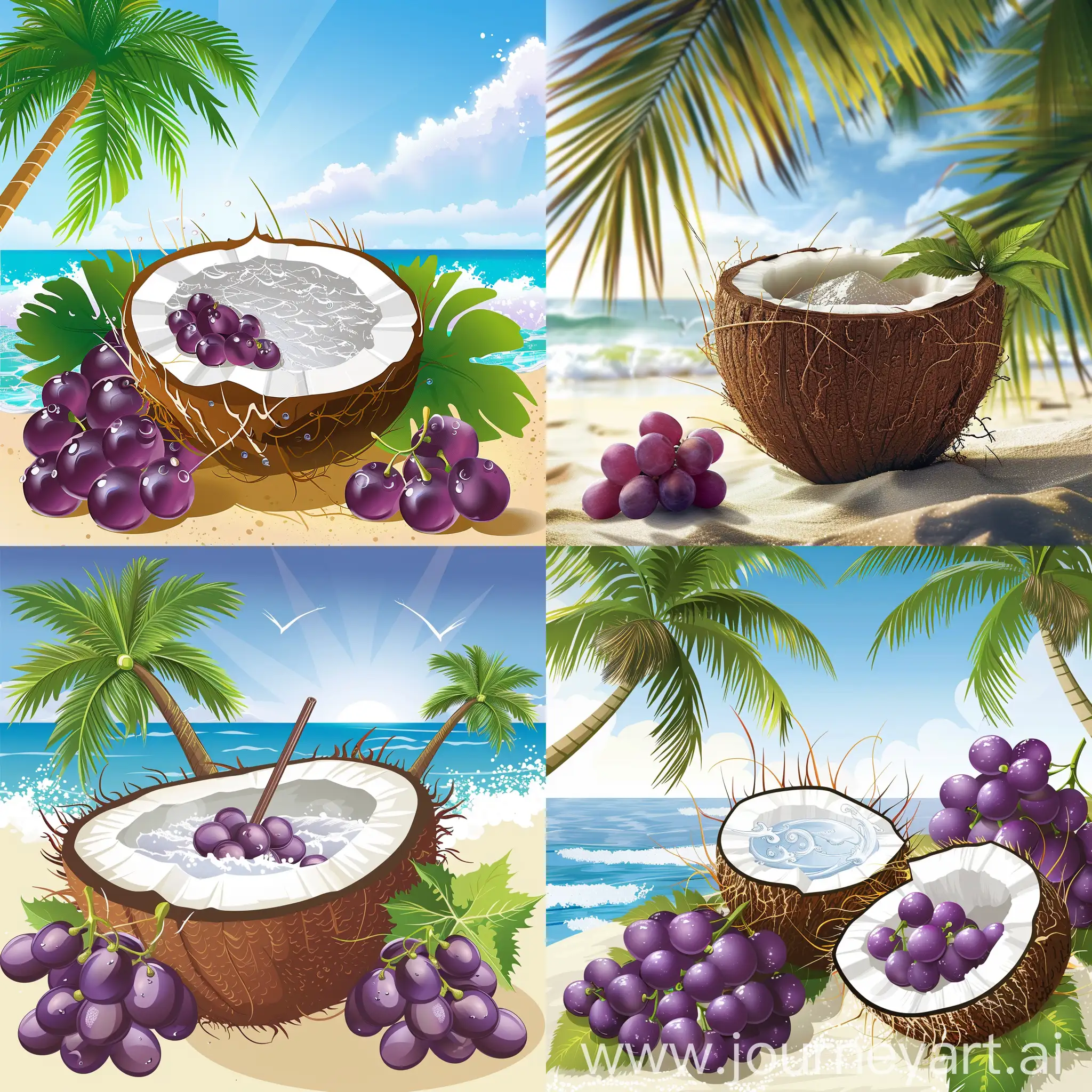 кокосовый напиток с виноградом на фоне пляжа солнечный день пальмы